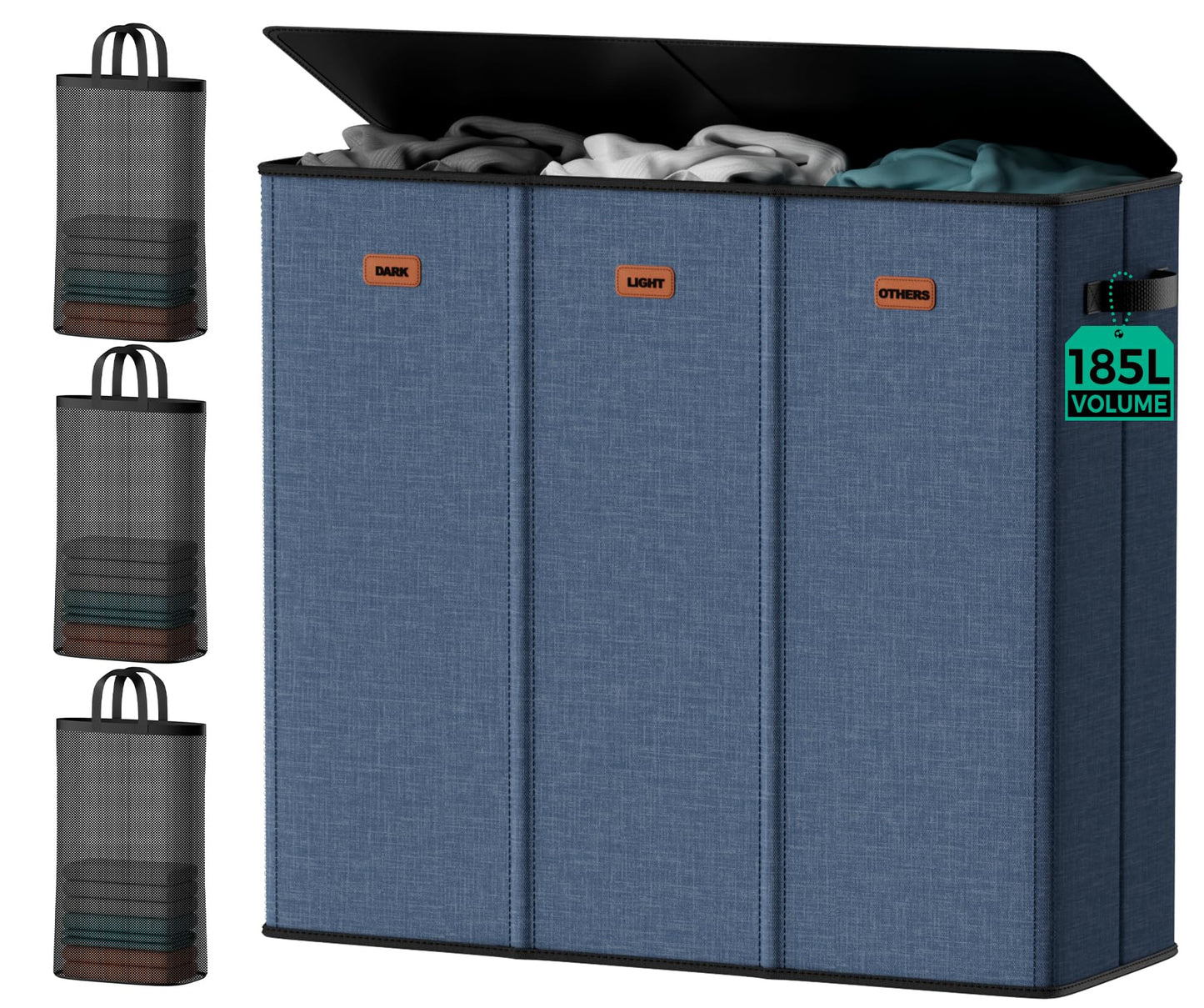 MECINFUL 3 Bin Laundry Hamper 185L, Large Laundry Hamper with Lid, Dirty Clothes Hamper with 3 Detachable Washing Bags, Foldable Laundry Basket Organizer for Bedroom, Laundry Room