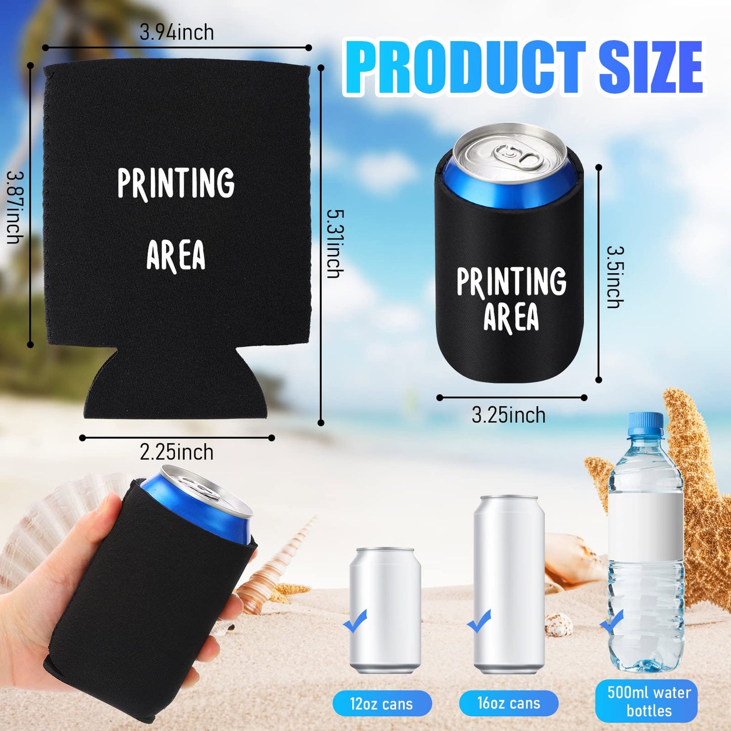 Chengu 100 Pack Blank Beer Can Cooler Sleeves Soft Insulated Reusable Drink Cooler Bulk Collapsible Sublimation Can Cooler Sleeves for Wedding Party Supplies (Black, Simple Style)