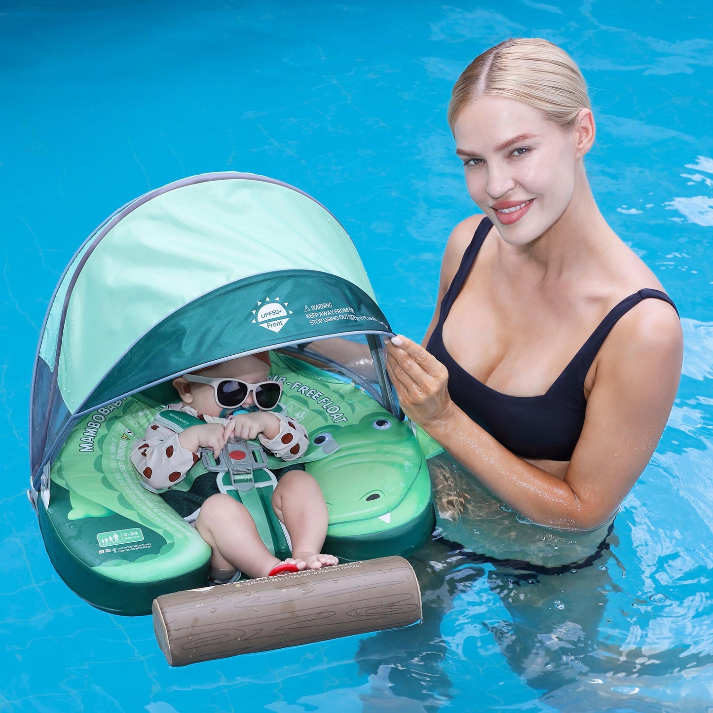 Mambobaby Float Upgrade Add Tail Baby Float with Canopy for Infant Waist Swimming Ring Swim Trainer Non-Inflatable Floats Toys with Adjustable Safety Strap (Green - Crocodiles)