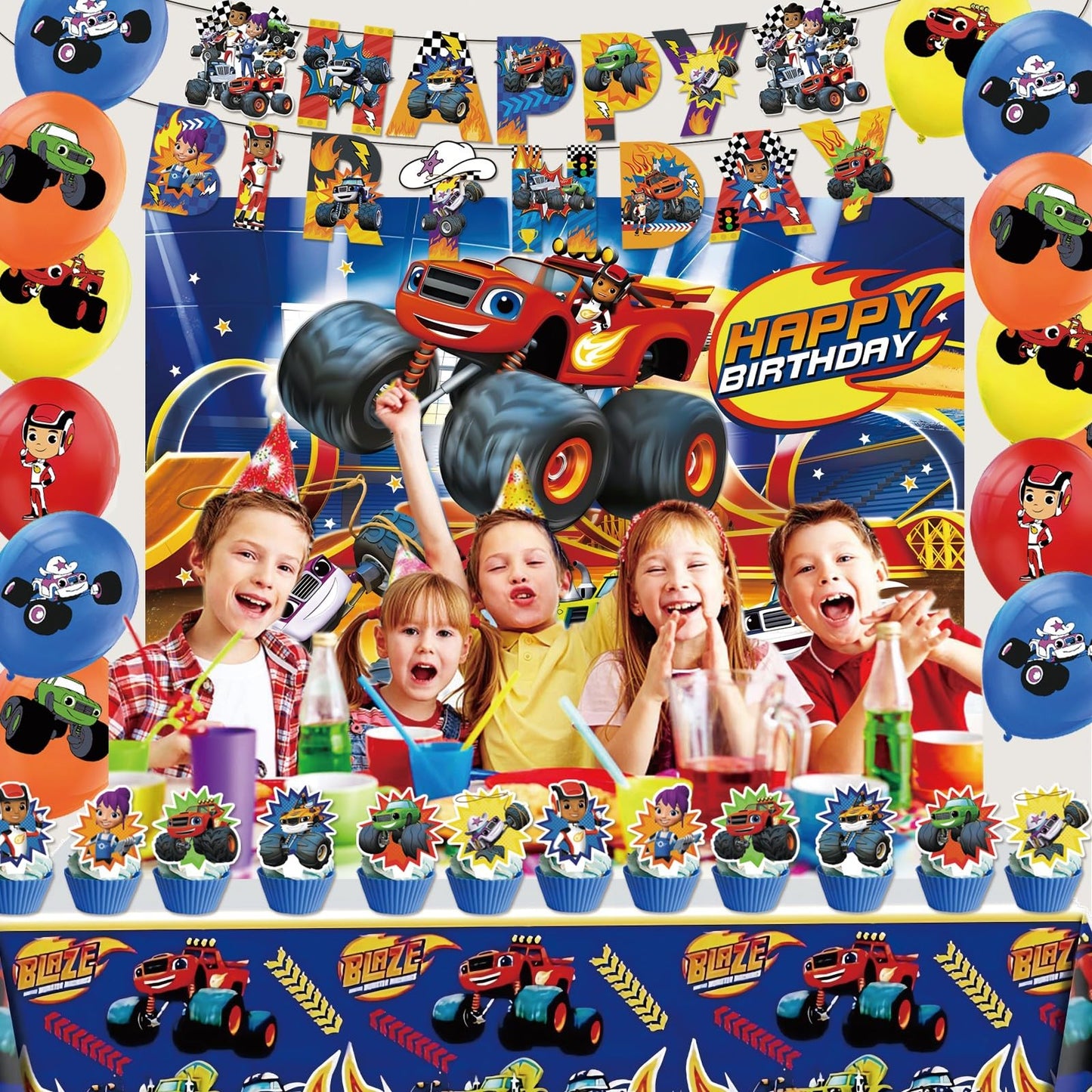 121 Pcs Monster Truck Birthday Party Supplies,Included Banner,Backdrop,Tablecloth,Plates,Balloon,Racing Car Tableware Set for Boy Truck Party Decorations
