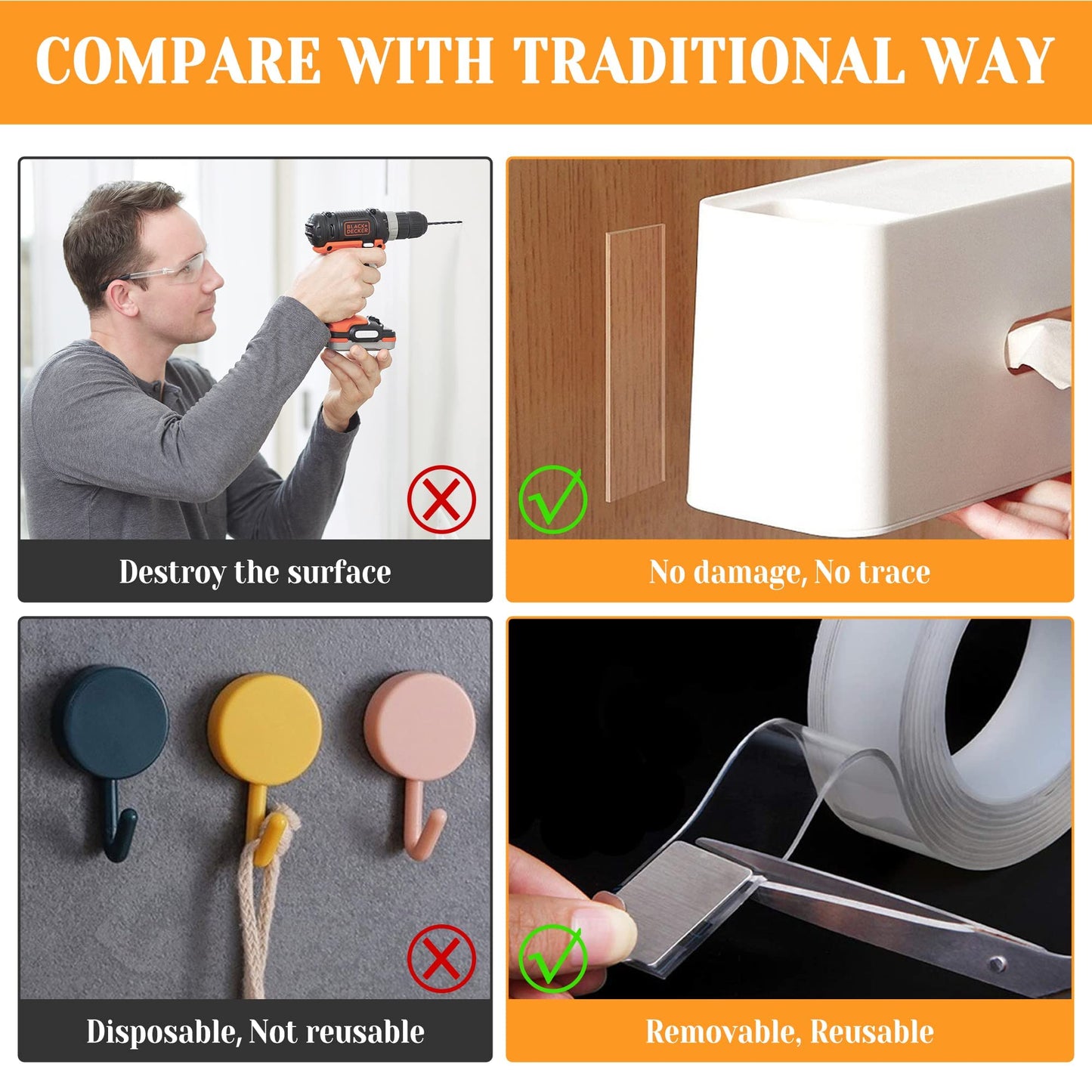 Double Sided Tape Heavy Duty for Wall Decor No Damage to Paint,Clear Removable Mounting Tape,Nano Two Sided Adhesive Tape,Picture Hanging Strips for Posters,Stickers - 3Rolls,Total(1.18in*20FT)