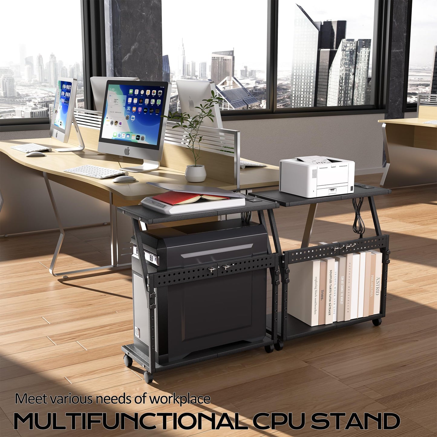 24In Large PC Stand, 5 Levels Height Adjustable Computer Tower Stand with Charging Station, Wheels and Hooks, CPU Holder Cart for Floor, Carpet and Under Desk, Easy Assembly（with Power Strips）