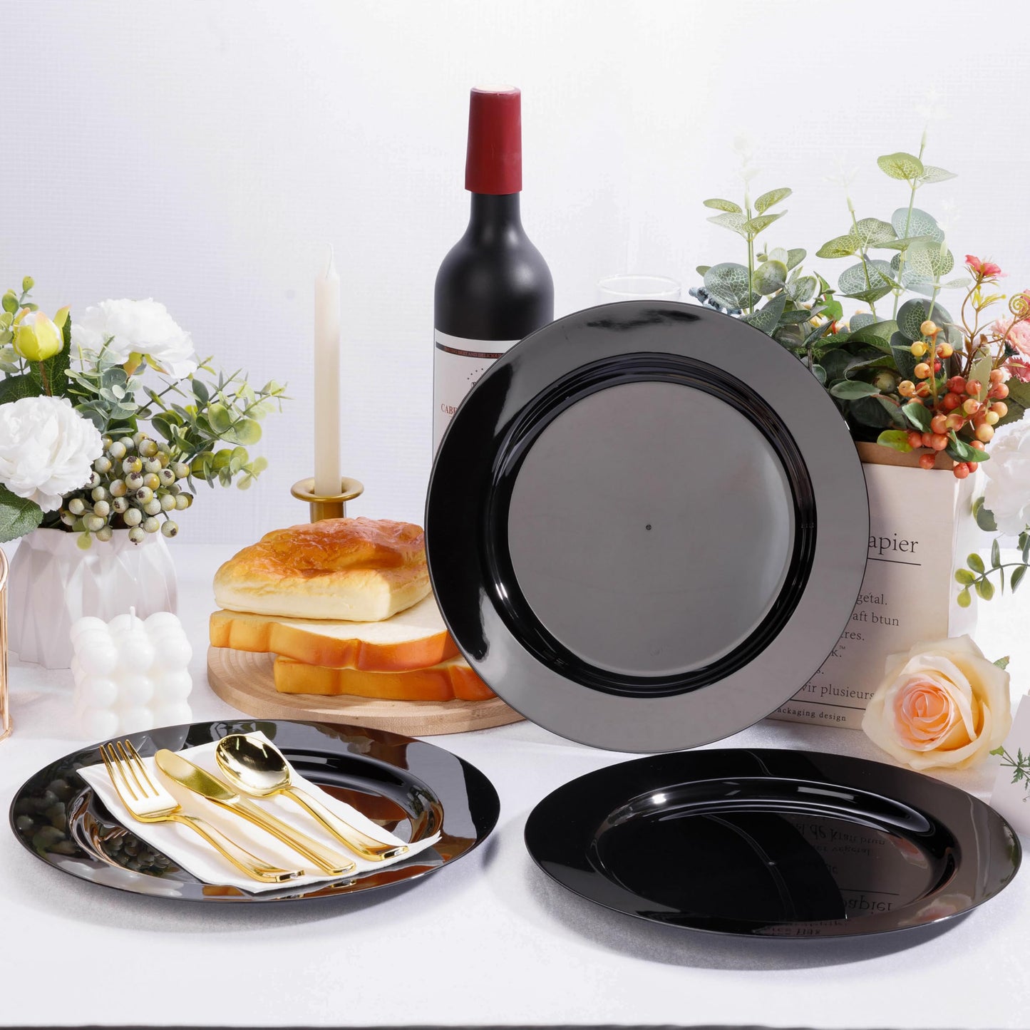 Bestluck 100PCS Black Plastic Dinner Plates 10inch, Premium Hard Disposable Plates for Party, Wedding