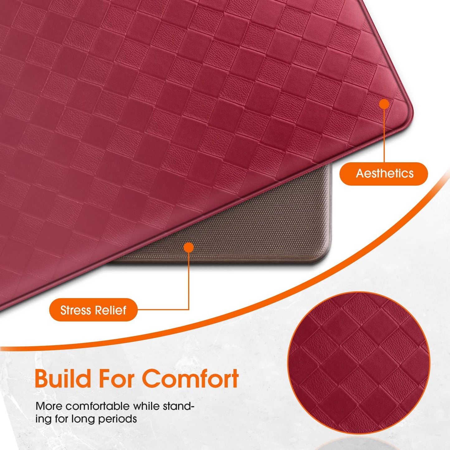 TranquilRelax Kitchen Mats, 2PCS Kitchen Rugs, Cushioned Anti Fatigue Kitchen Mats for Floor, Non-Slip Standing Desk Mat, Waterproof Kitchen Rug Set for Kitchen, Floor, Office,17.3"×30"+17.3"×47",Red