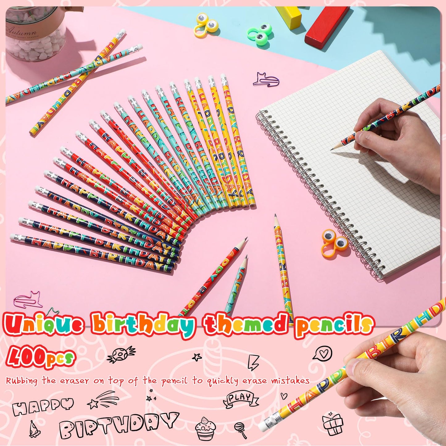 Kosiz 400 Pcs Happy Birthday Pencils for Students Colorful Printed Birthday Pencils Bulk with Top Erasers Wood Writing Instruments for Teachers Classroom Reward Party Kids Gifts Supplies