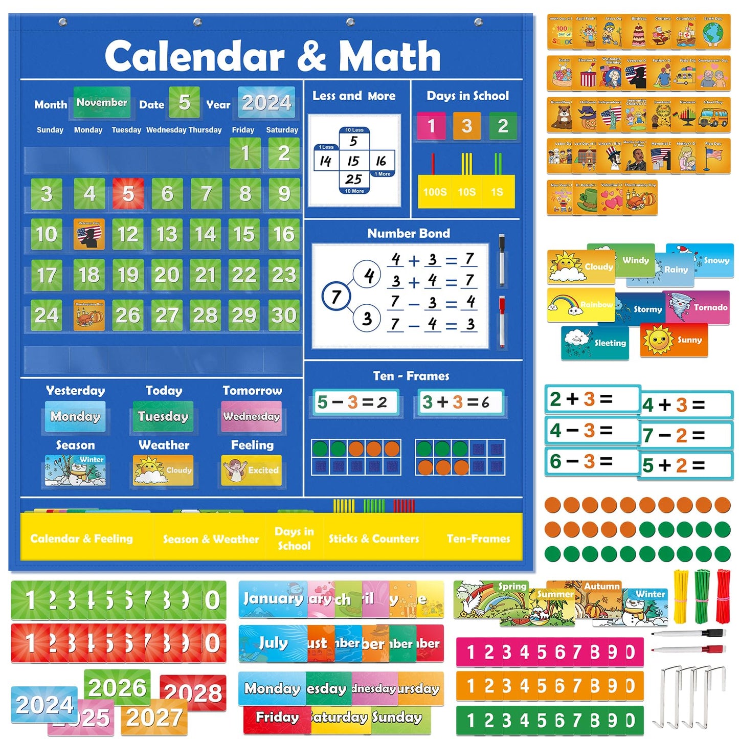 SkilLify Circle Time Calendar Pocket Chart for Classroom, Kids Learning Center with Weather Seasons Emotions & Math Activities, Addition Subtraction Manipulatives, Preschool Homeschool Supplies