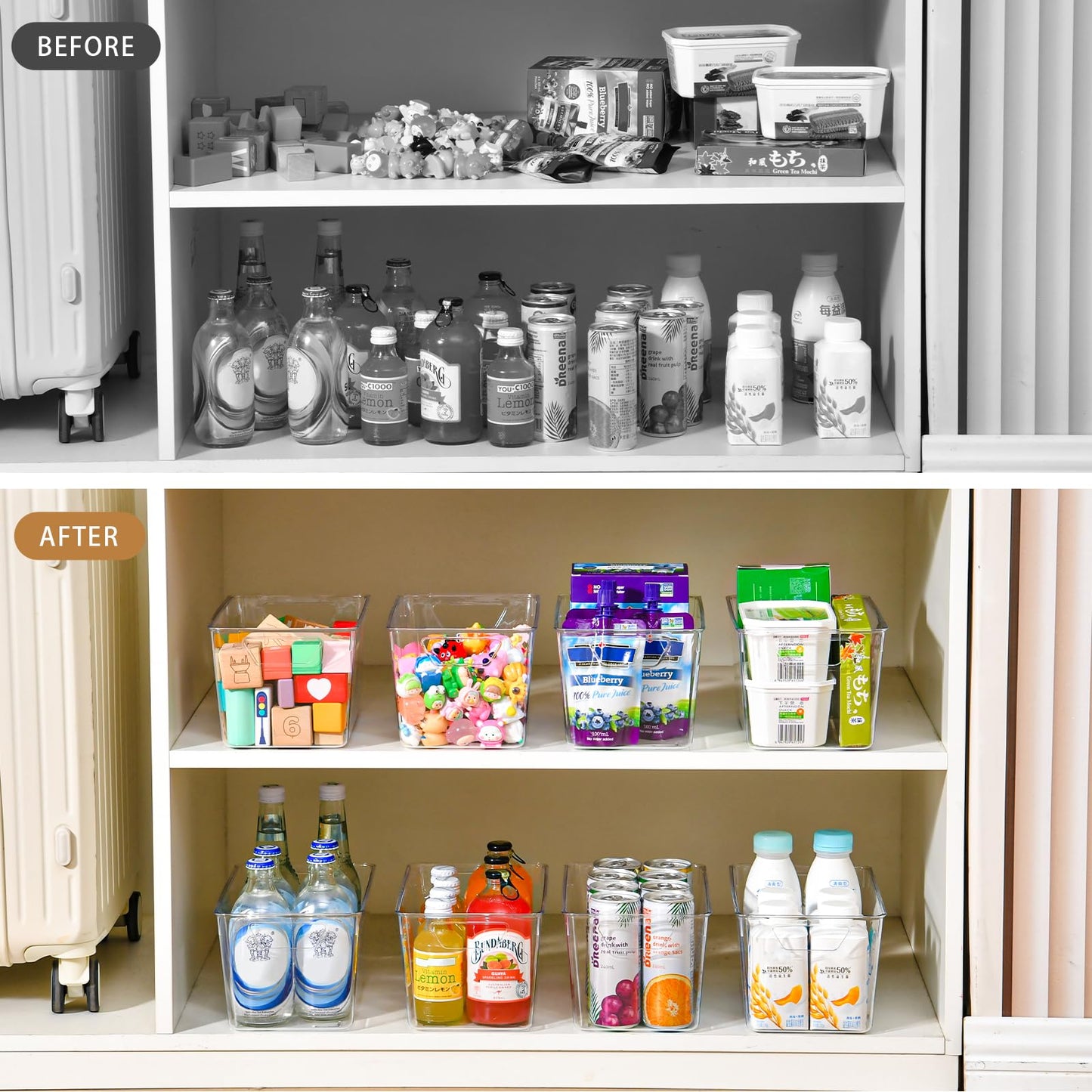 12 Pack Middle Organizers and Storage, Pantry Organization and Storage Bins, Cabinet Organizer, Clear Plastic Storage Containers with Handle，Acrylic Storage Bins for Cabinet, Fridge