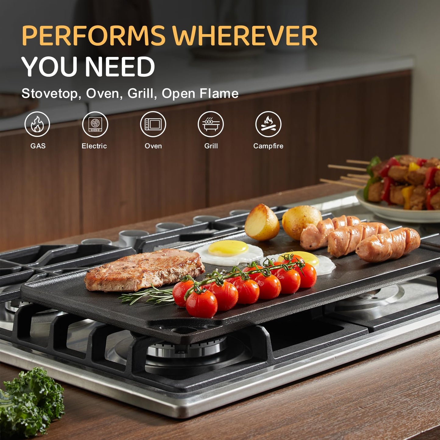 EWFEN Reversible Grill/Griddle, 16.7x9.5'' Pre-Seasoned Cast Iron Griddle Pan, Double Burner Cookware, Rectangular Non-Stick Stovetop Griddle with Handles, Flat Top Plate for Oven, Grill & Campfire