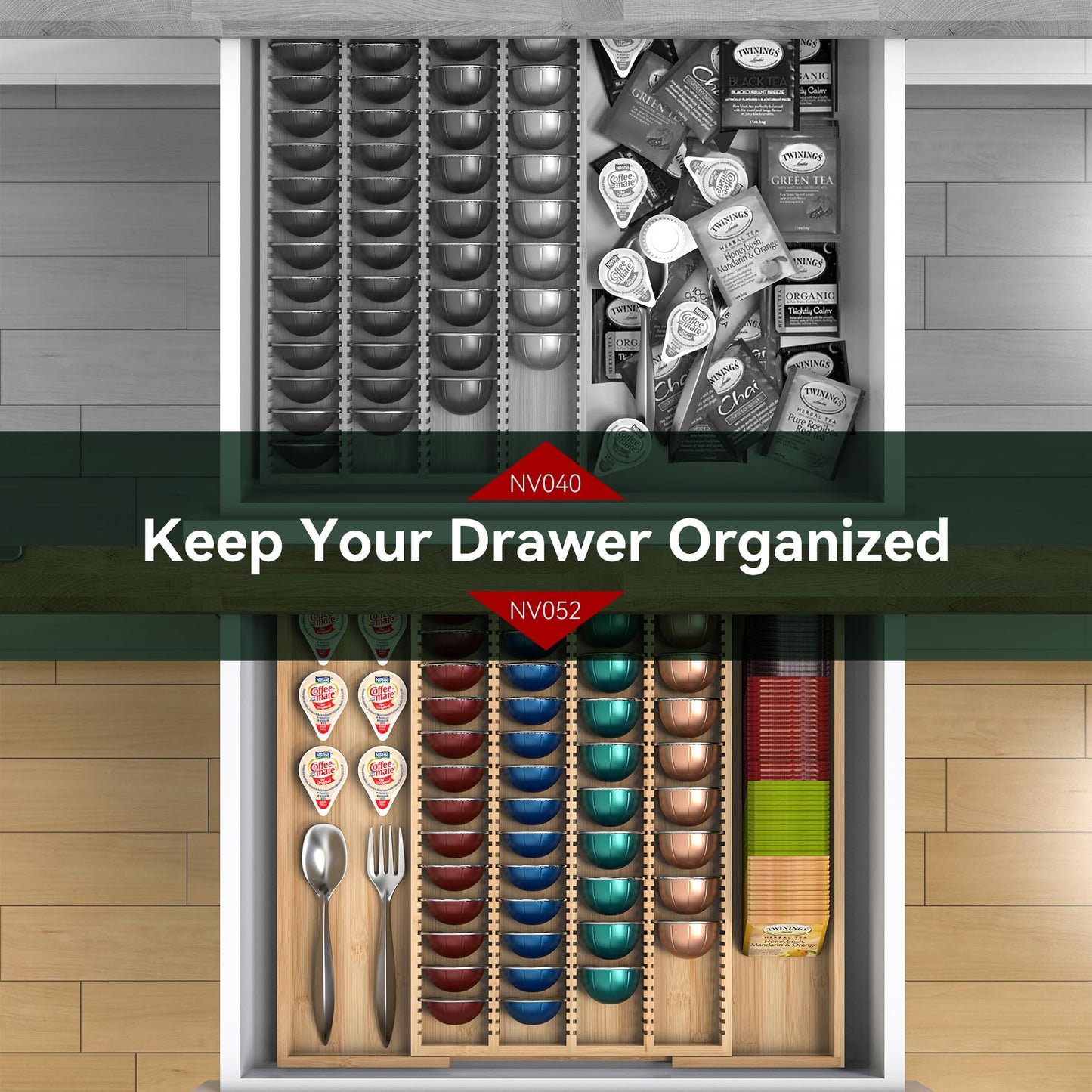 WELL WENG Larger Expandable Bamboo Organizer Holder for Counter Drawer Insert - Compatible with Nespresso Vertuo Capsules - Tea Bags Storage (Natural) 10.8" -19"W x15.67"Dx1.9"H