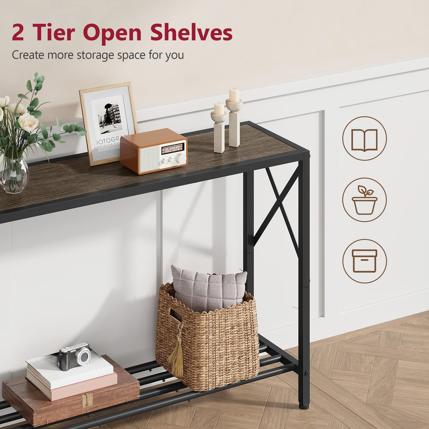 Tajsoon Industrial Console Table 41.8", 2 Tier Entryway Table with Storage Shelves, Narrow Sofa Table with Stable X-Frame, for Living Room, Hallway, Foyer, Office, Dark Grey