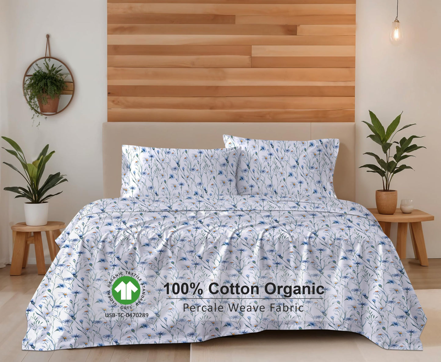 RUVANTI 100% Cotton Organic Percale Sheets Queen Size – Crisp Cooling Bed Sheets for Hot Sleepers, Deep Pocket 15”, Soft Peach Finish, Breathable & Durable Hotel-Style 4 Pcs, Daisy Bud