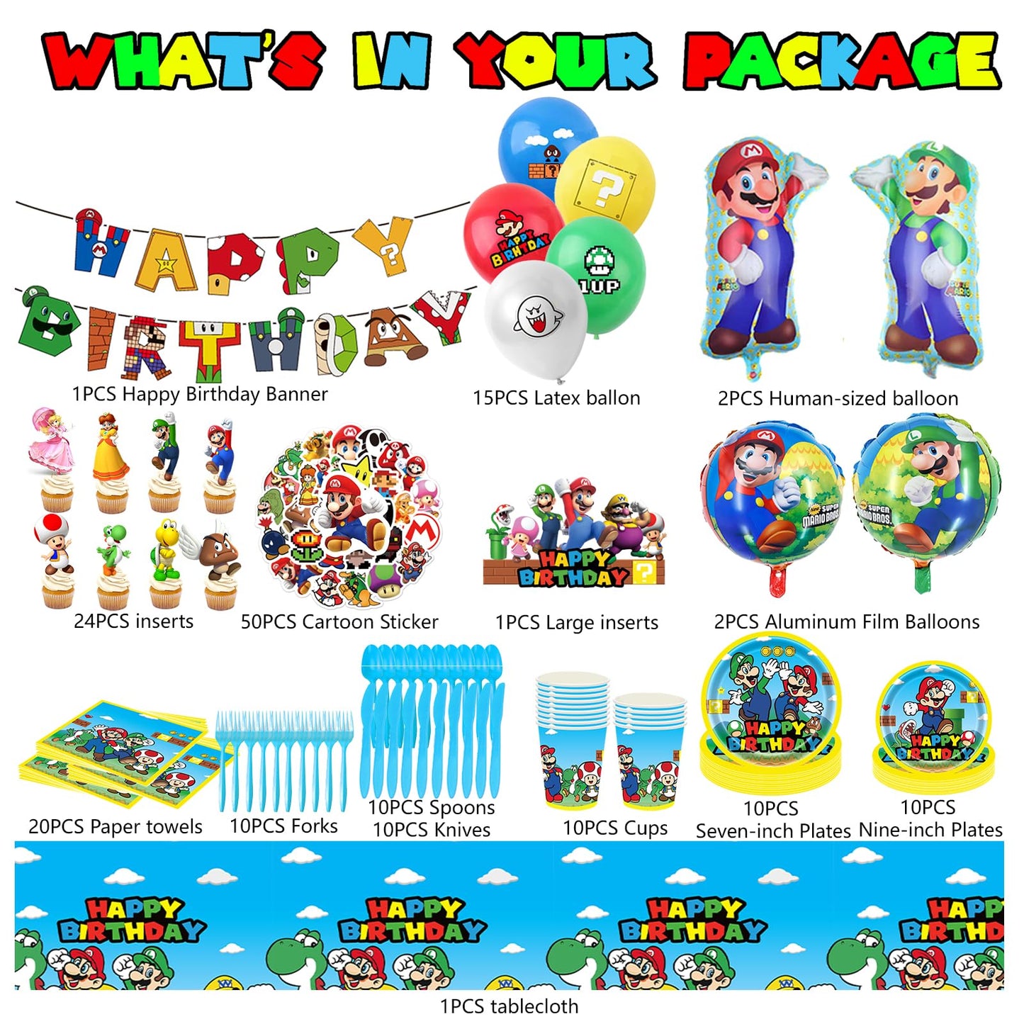 188 PCS Birthday Party Supplies, Party Decorations Includes Balloons, Film Balloons, Plates, Cups, Banners, Knives, Forks, Spoons, Napkins, Stickers, Cake Topper, Cupcake Toppers, Tablecloth