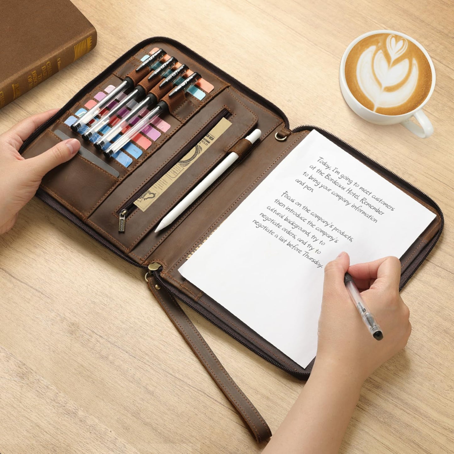 Ringsun Genuine Leather Portfolio with Zipper, Padfolio Portfolio Organizer Folder for Men Women, Professional Business Card Holder for A5 Letter Size Notepad, Resume, Writing Pad, Pen Loop