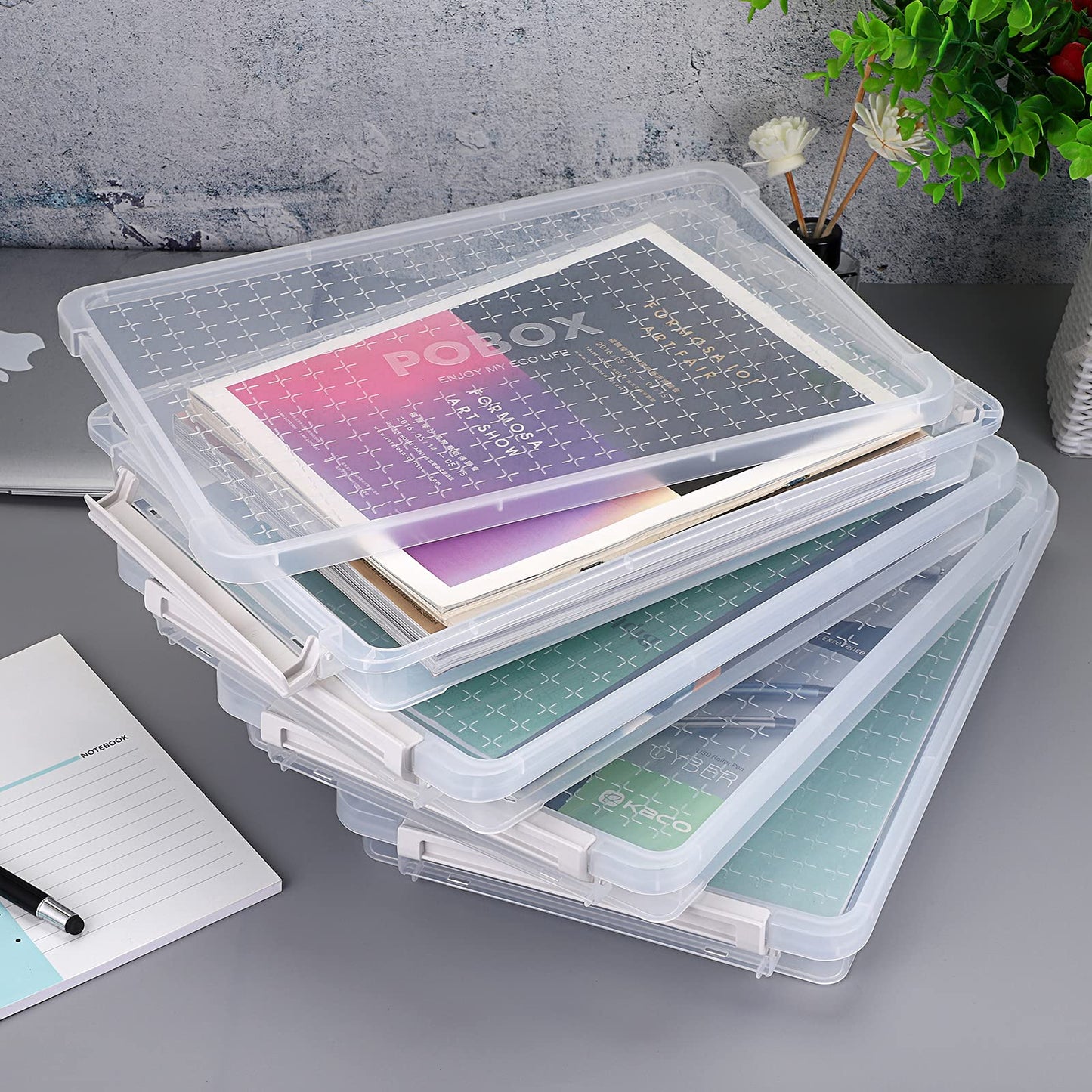 BTSKY 4 Pack A4 Plus Clear Plastic Stackable Storage Box Desk Paper Magazine Container with Buckle, Office Supplies Accessories File Protector Case Organizer, Portable Project Case Document Holders