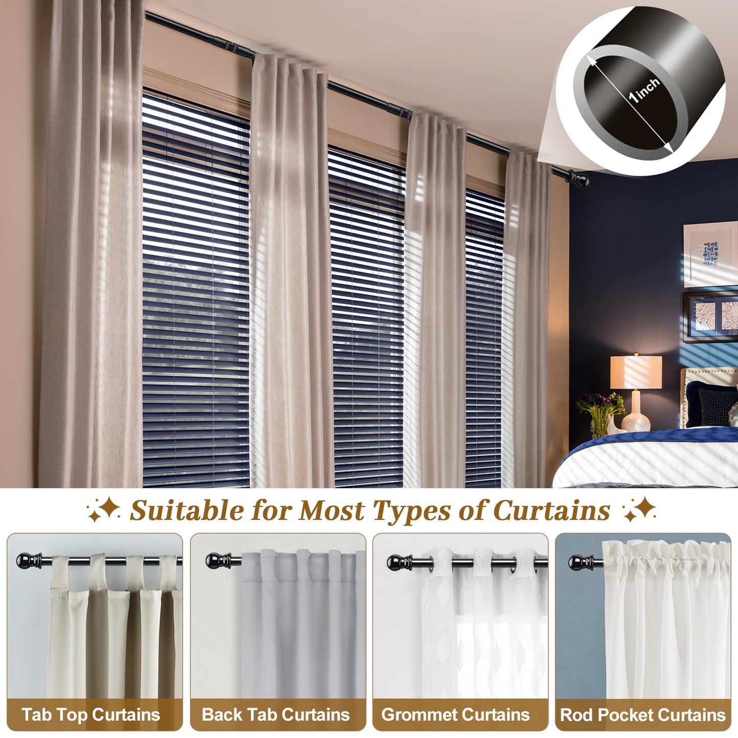 Bay Window Curtain Rods, U shaped Adjustable Curved Curtain Rods for Windows 59 to 184 Inches, Black 1 inch Renter Friendly Heavy Duty Curtain Rods with Brackets for Bedroom, Living Room Curtains
