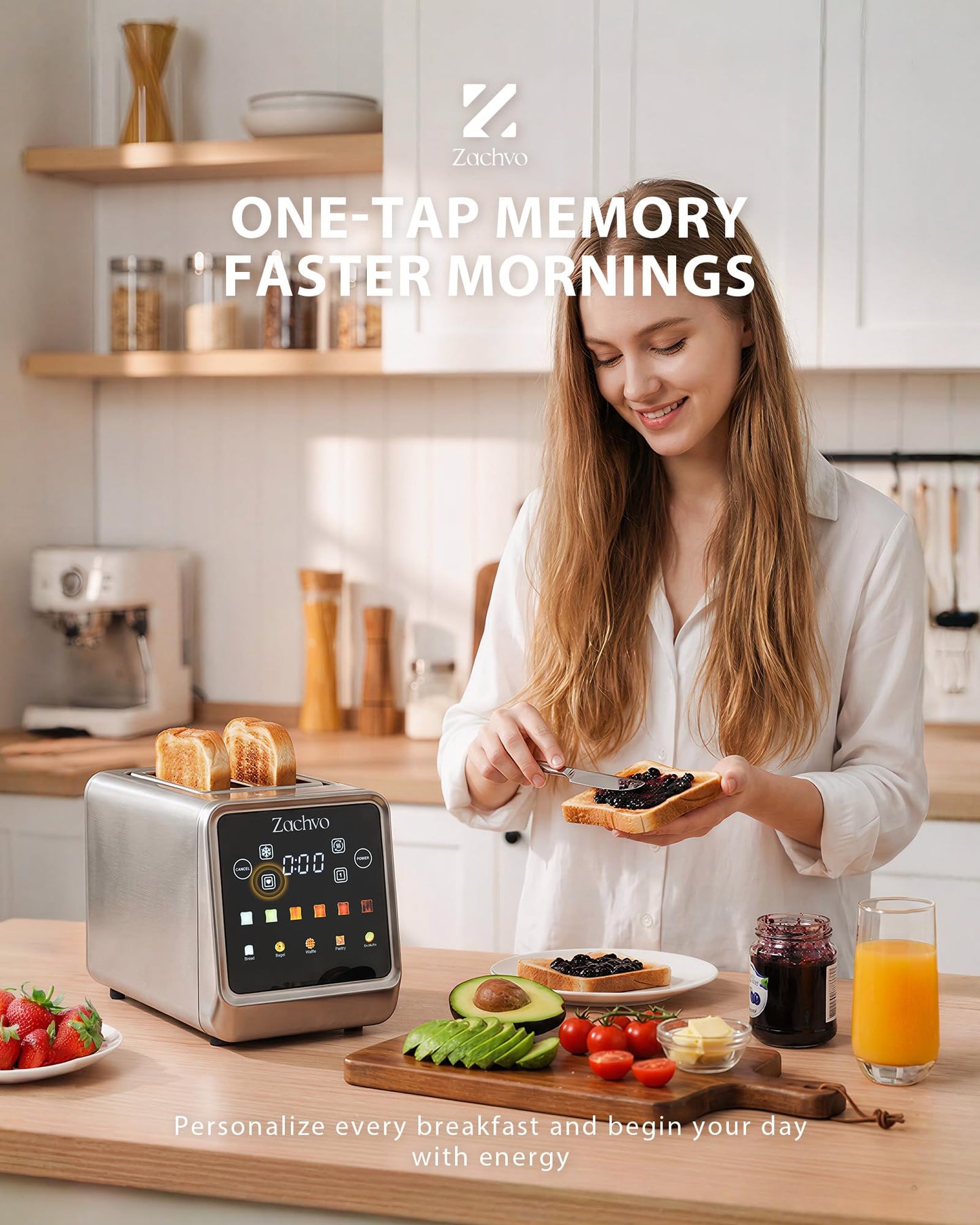 Zachvo 2 Slice Toaster with Smart Touchscreen & Digital Countdown Timer, 1.5" Wide Slot Toaster for Bagels & Bread, 6 Shade Settings, Memory, Defrost & Reheat, Slim Stainless Steel Design for Kitchen