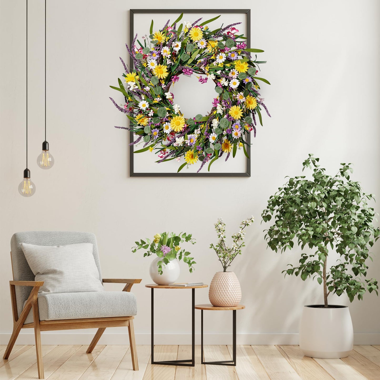 Sggvecsy Daisy and Lavender Wreath 24’’ Wildflower Wreath Spring and Summer Artificial Spring Silk Summer for Front Door Home Wall Wedding Festival Farmhouse Holiday Decor
