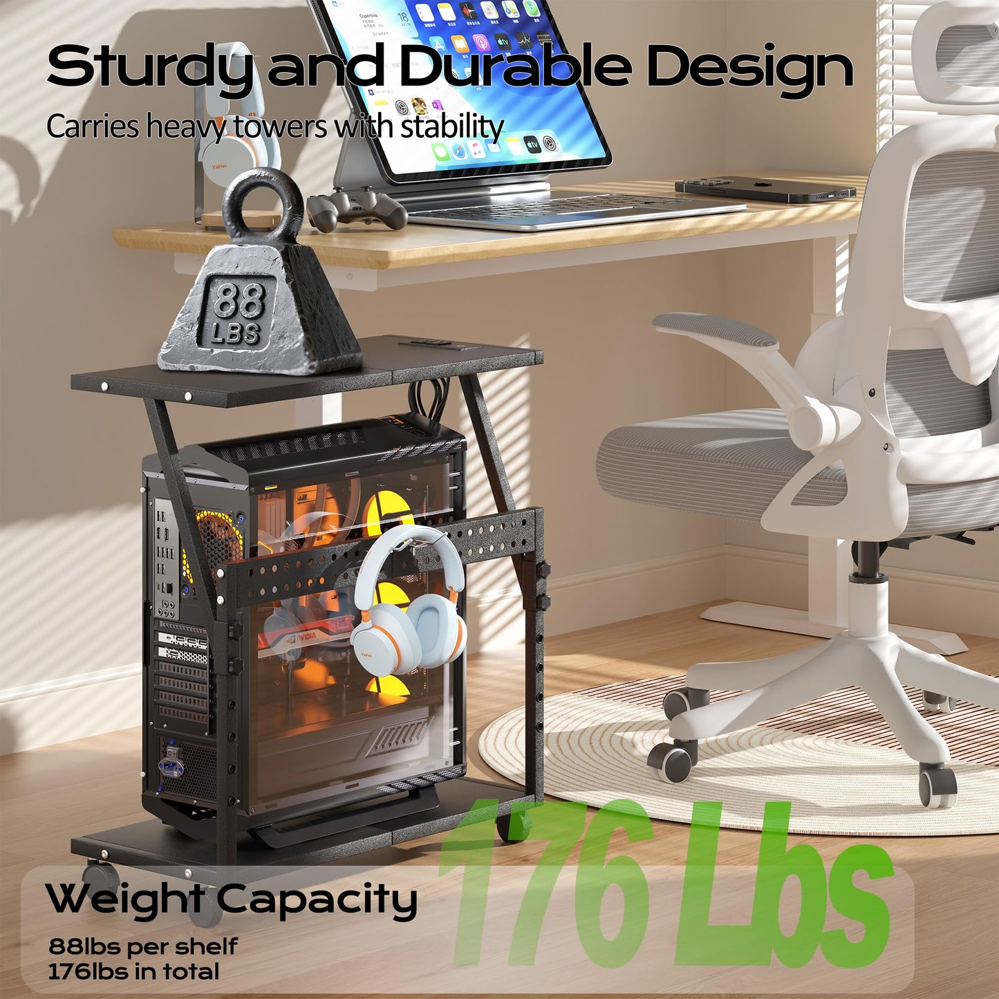 24In Large PC Stand, 5 Levels Height Adjustable Computer Tower Stand with Charging Station, Wheels and Hooks, CPU Holder Cart for Floor, Carpet and Under Desk, Easy Assembly（with Power Strips）