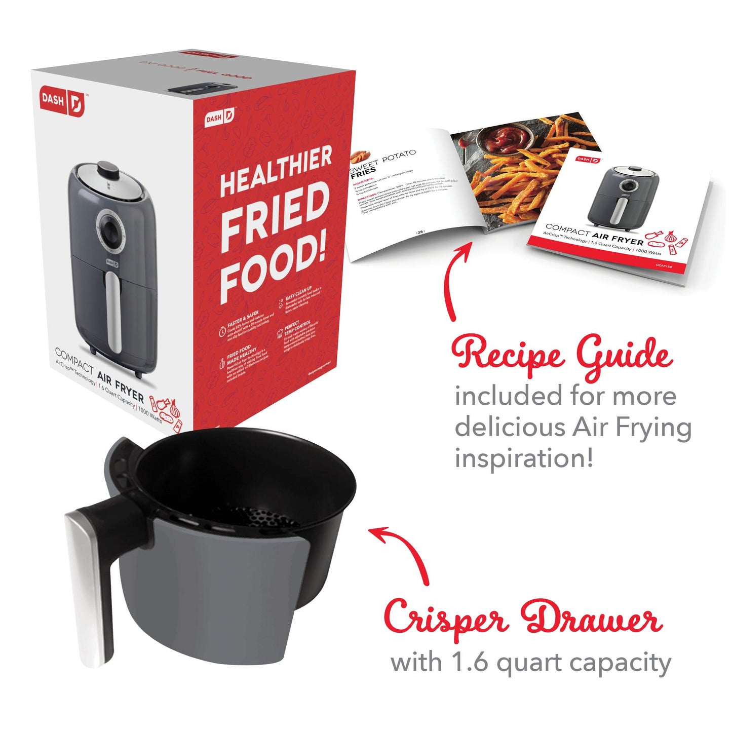 Dash Compact Air Fryer - Healthy Cooking with Auto Shut-Off Feature, Adjustable Temperature Control & Nonstick Fry Basket - Has AirCrisp® Technology - 2 Quart - Cool Grey