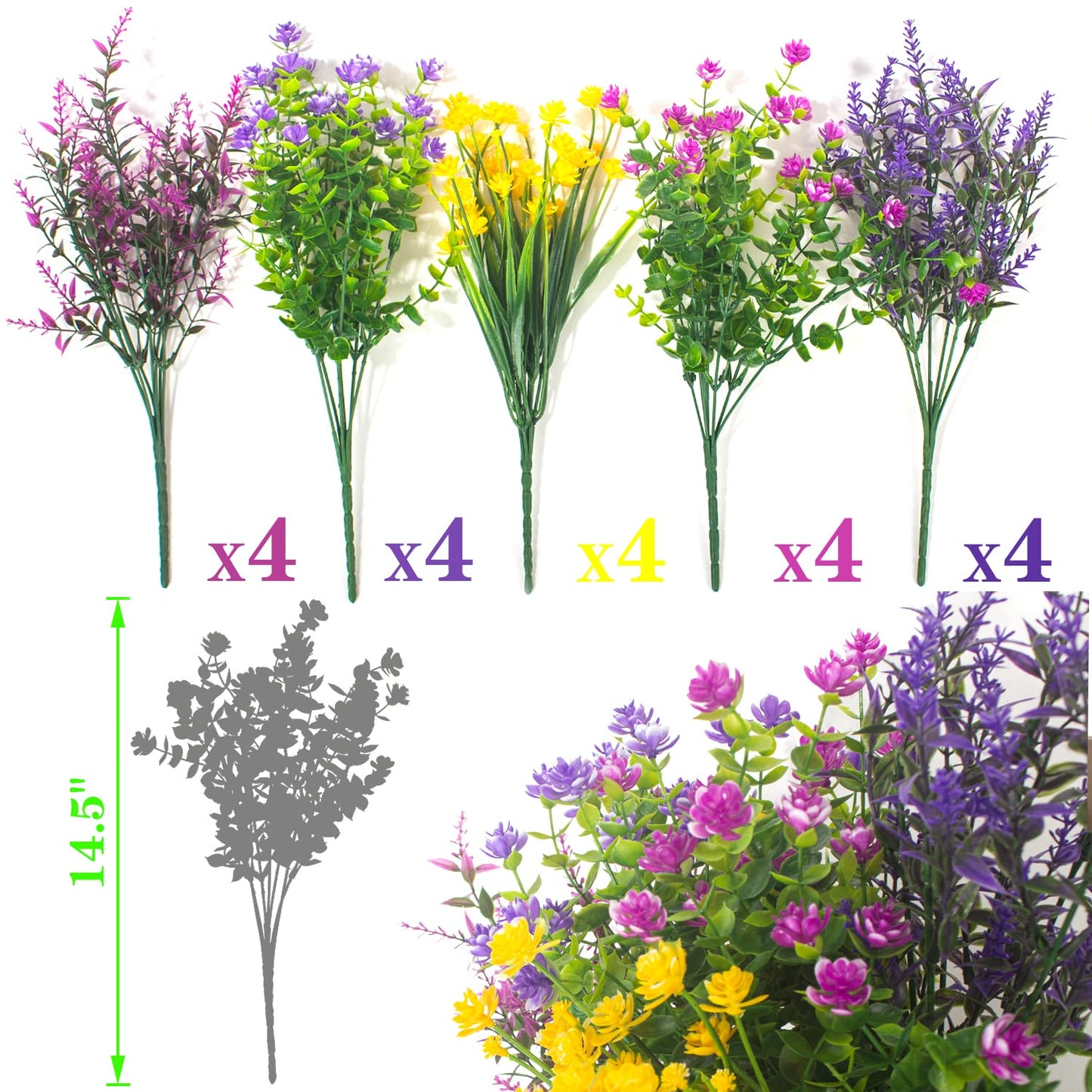 Grunyia 20 Bundles Artificial Flowers Outdoor UV Resistant No Fade Fake Plants Faux Plastic Shrubs for Garden Patio Porch Window Box Home Wedding Farmhouse Hanging Décor