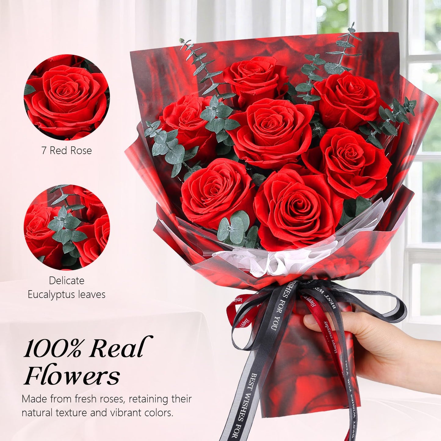 Preserved Flowers Bouquet 7 Roses - Red Real Rose & Flowers for Delivery, Eternal Roses Bouquet with Gift Box, Mothers Day Gifts for Mom Grandma Wife, Anniversary Birthday Gifts for Women