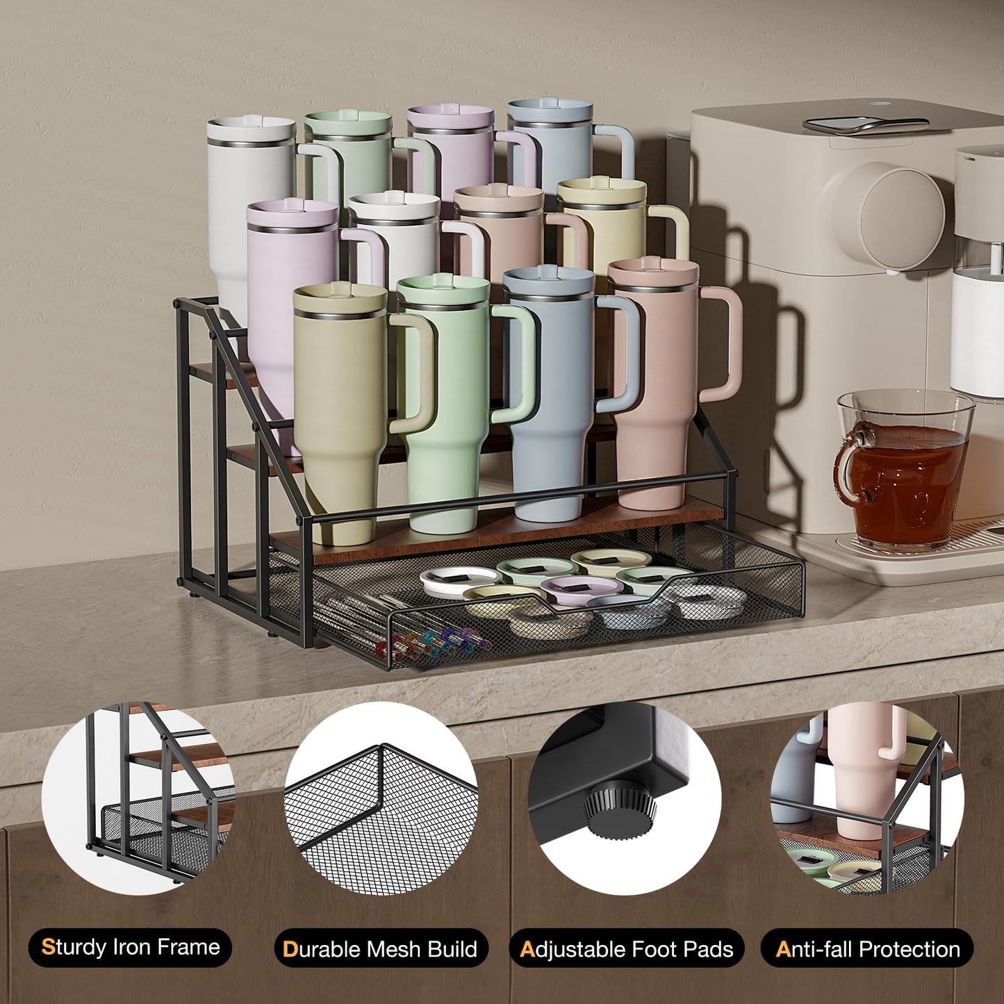 MOJOHAND Water Bottle Organizer for Stanley, 4-Tier 12 Bottles Rack with Storage Basket for Cup Accessories, Large Tumbler Holder Stand, Water Bottle Holder Wine Rack