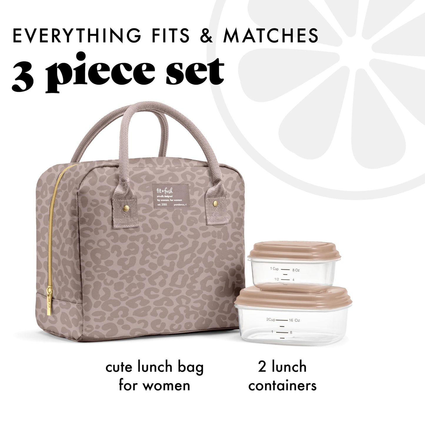 Fit & Fresh Bloomington Lunch Bag for Women - Insulated Large Lunch Box for Work with Containers, Leak-Resistant, Stain-Resistant, Zipper Closure, Mocha Feline Fine
