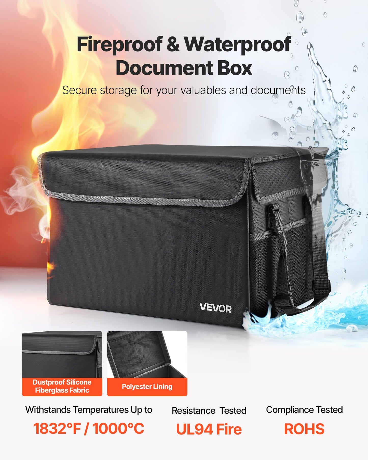 VEVOR Fireproof Document Box, 1832 ℉ Heat Insulated Fireproof & Waterproof Box, Space-Saving and Foldable Design, Portable Home Office Travel File Organizer, for Passports, Important Documents, Files