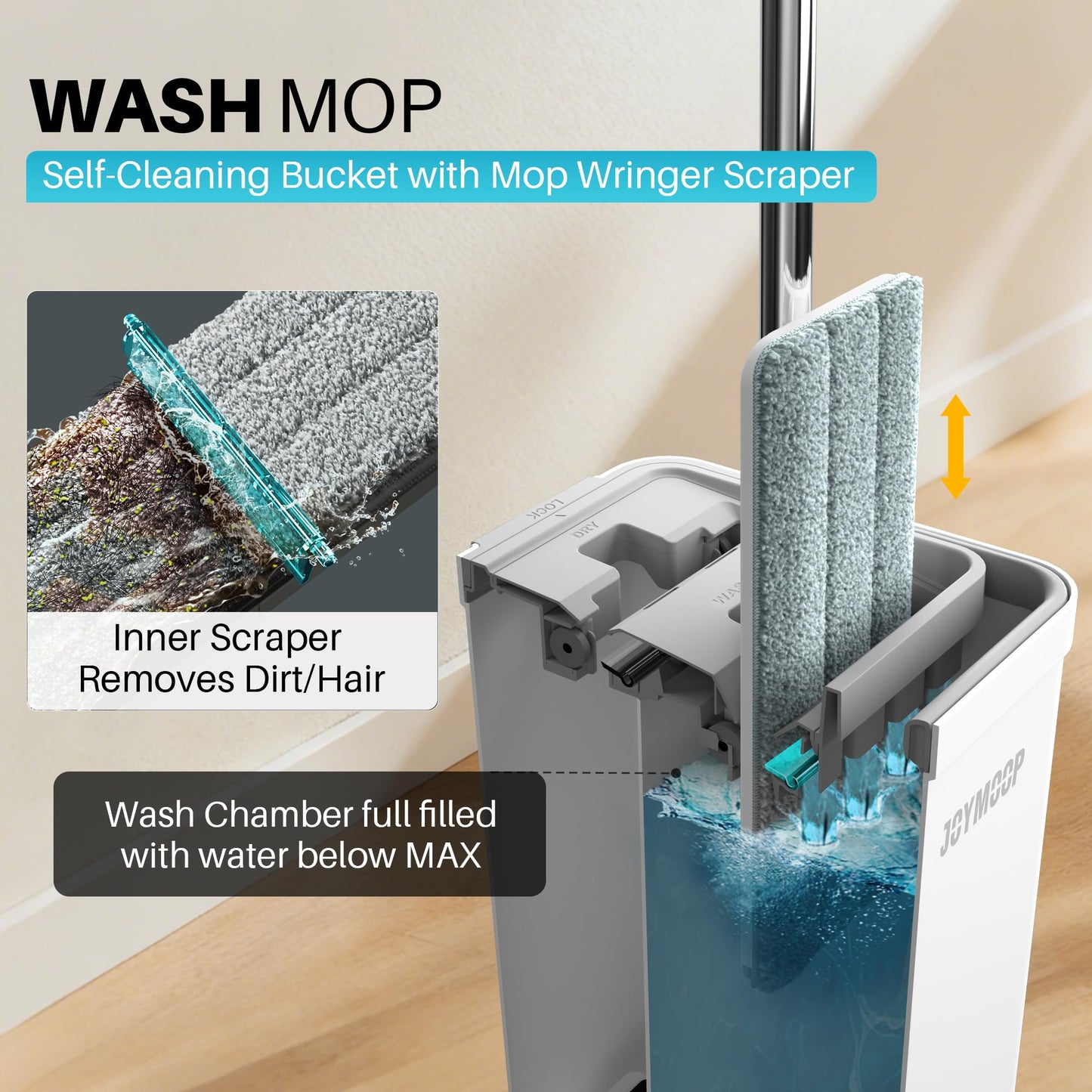 JOYMOOP Flat Mop System, Microfiber Mop and Bucket Set, Black, Hands-Free Self-Cleaning Mop for Household & Commercial Floor Cleaning, Suitable for Hardwood, Tile, Laminate and Vinyl Floors