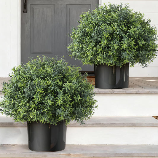 2 Sets Artificial Rosemary Topiary Ball Trees for Front Door - UV Resistant Faux Outdoor Rosemary Bushes, Fake Spring/Summer Greenery Potted Plants for Farmhouse Garden Porch Outside Decor