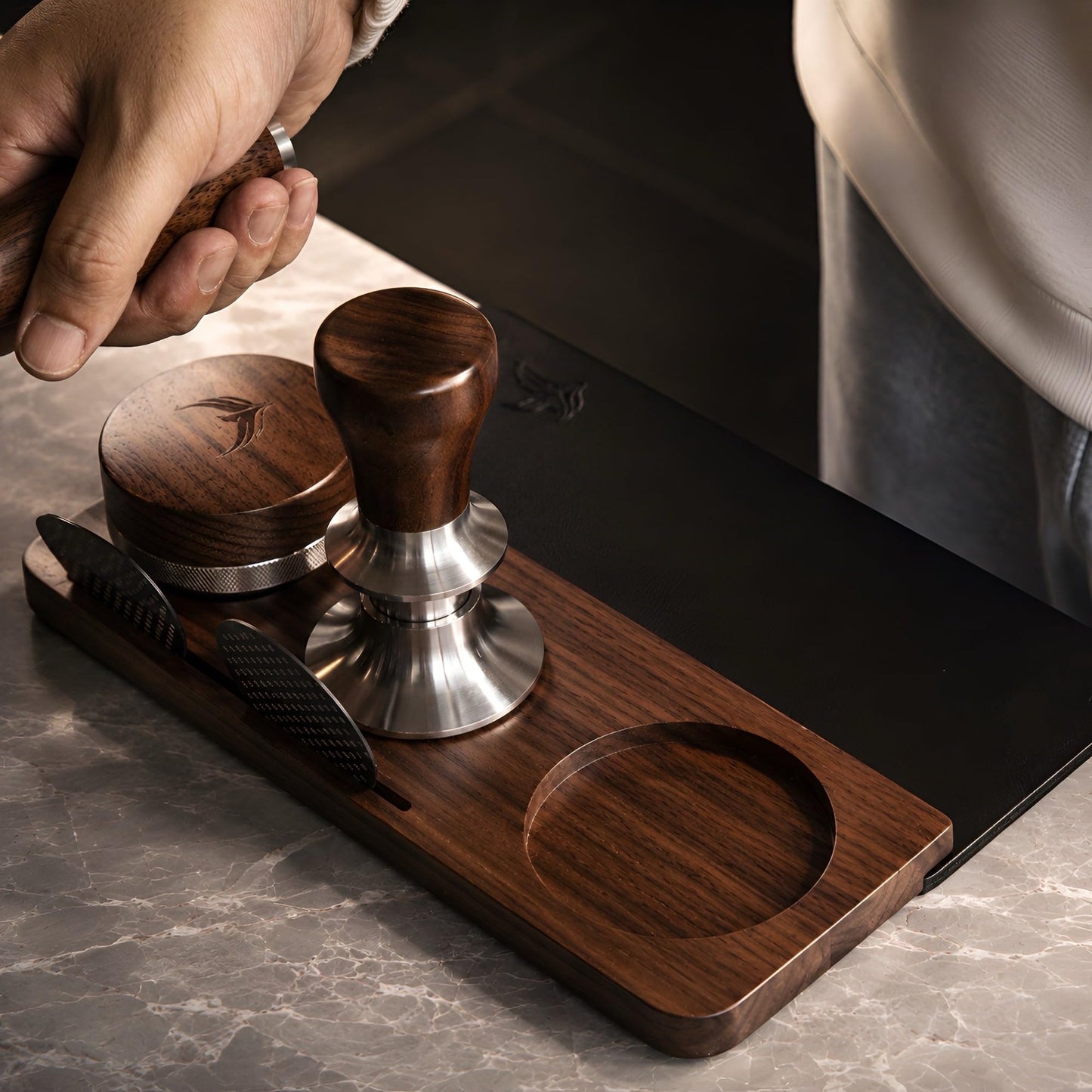 KNODOS 54mm Tamping Mat For Breville Espresso Machine Accessories Walnut & Leather Tamp Station Organizer with Multi-Slot Design for Espresso Tools Tamper, Distributor, Funnel & Puck Screens