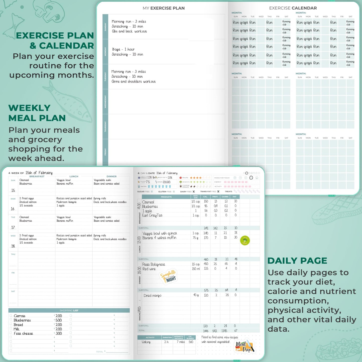 Clever Fox Food Journal Pro – Diet & Wellness Planner for Women & Men – Weight Loss Diary with Calorie Tracker – Food Log for Tracking Meals, Exercise & Weightloss - Undated, 7" x 10" Turquoise