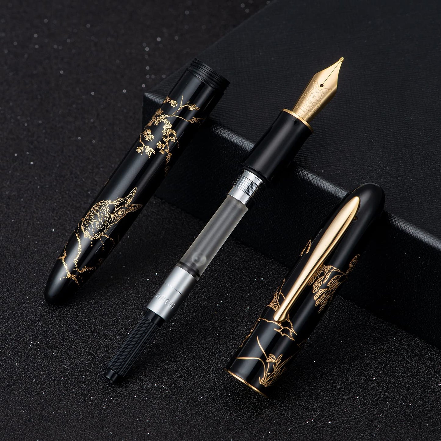 HONG DIAN Hongdian N23 Black Rabbit Fountain Pen, Long Blade Medium Nib Gold Trim, New Year Lucky Rabbit Carving Design, Smooth Writing Pen with Converter and Metal Pen Box Set