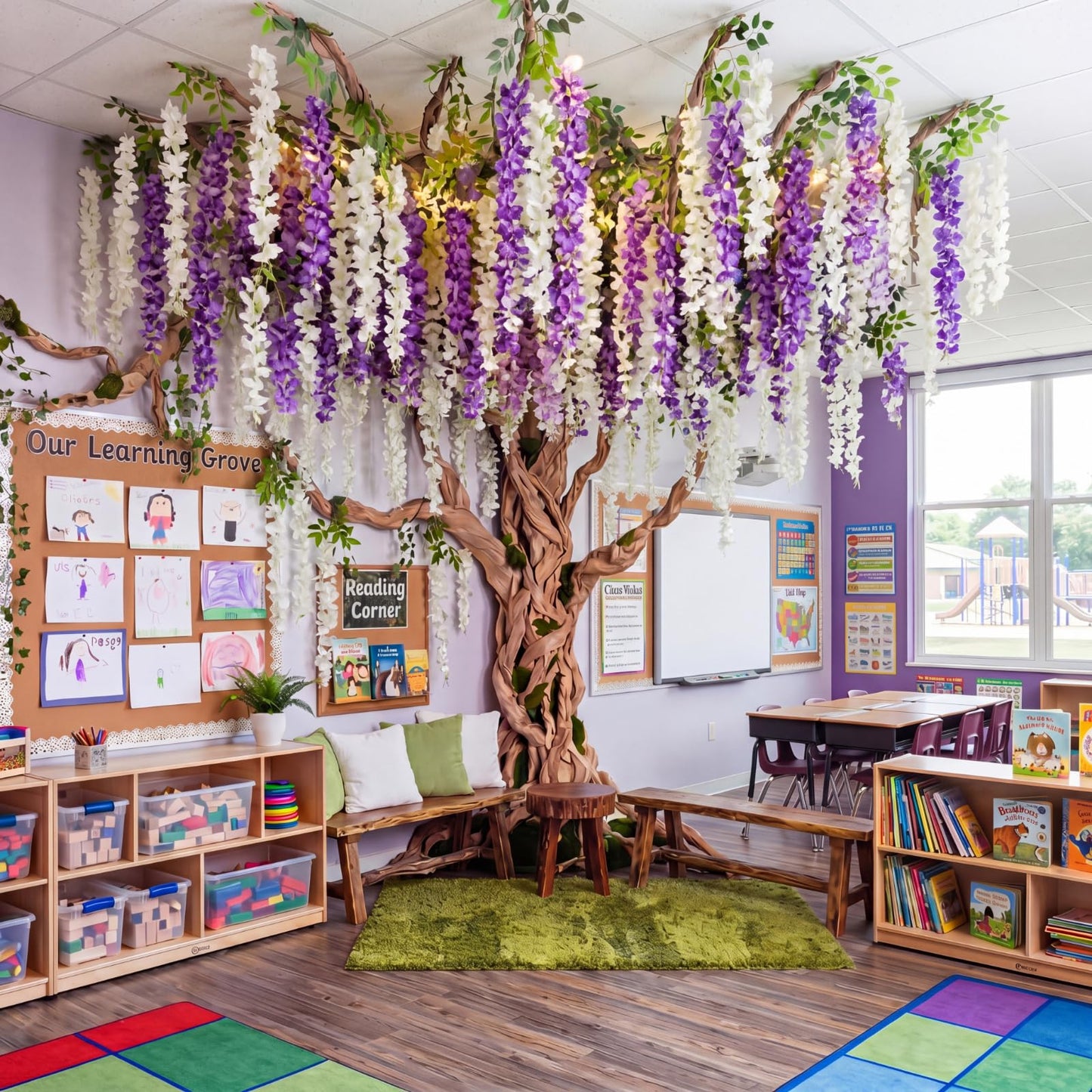 XunYee 40 Pcs 3D Wisteria Tree Wall Decor for Room Classroom Ceiling Artificial Wisteria Hanging Flower DIY Cardboard Paper Tree with Vine Kraft Paper Fairy Bulletin Board Decoration(White, Purple)