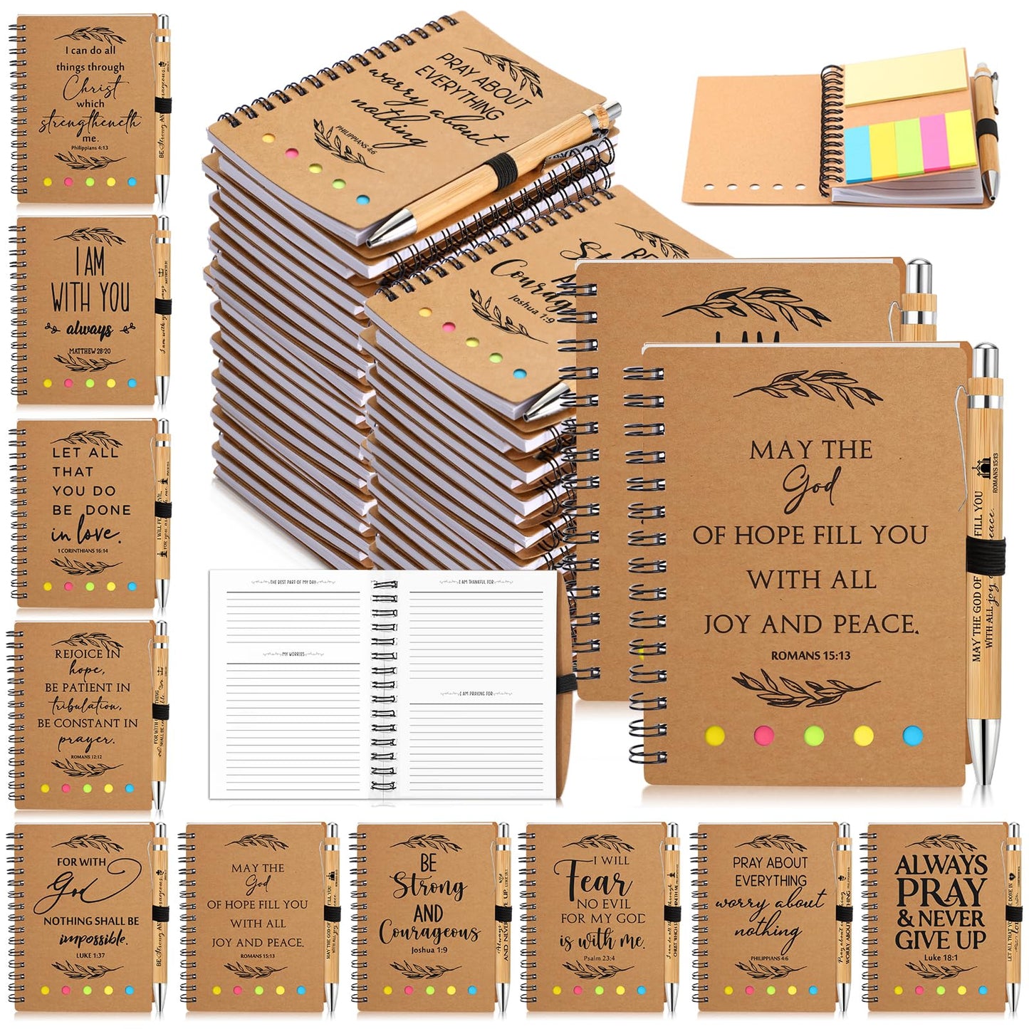 Spakon 30 Set Christian Gifts Bulk Church Gifts Religious Notebook Spiral Bible Verse Bamboo Pens Mini Bible Study Journal for Sunday School Employee Coworker Men Women (Brown)