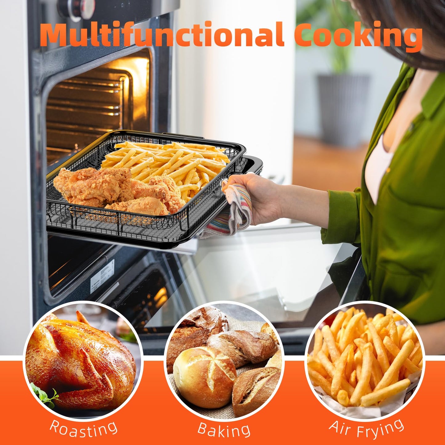 Air Fryer Pans for Oven, Oven Air Fryer Basket and Tray with Cooking Guide &30 PCS Parchment Papers, DEGOVIN Crisper Tray Non-stick Stainless Steel Air Fry Pans for Convection Oven(14.88"×10.98"Black)