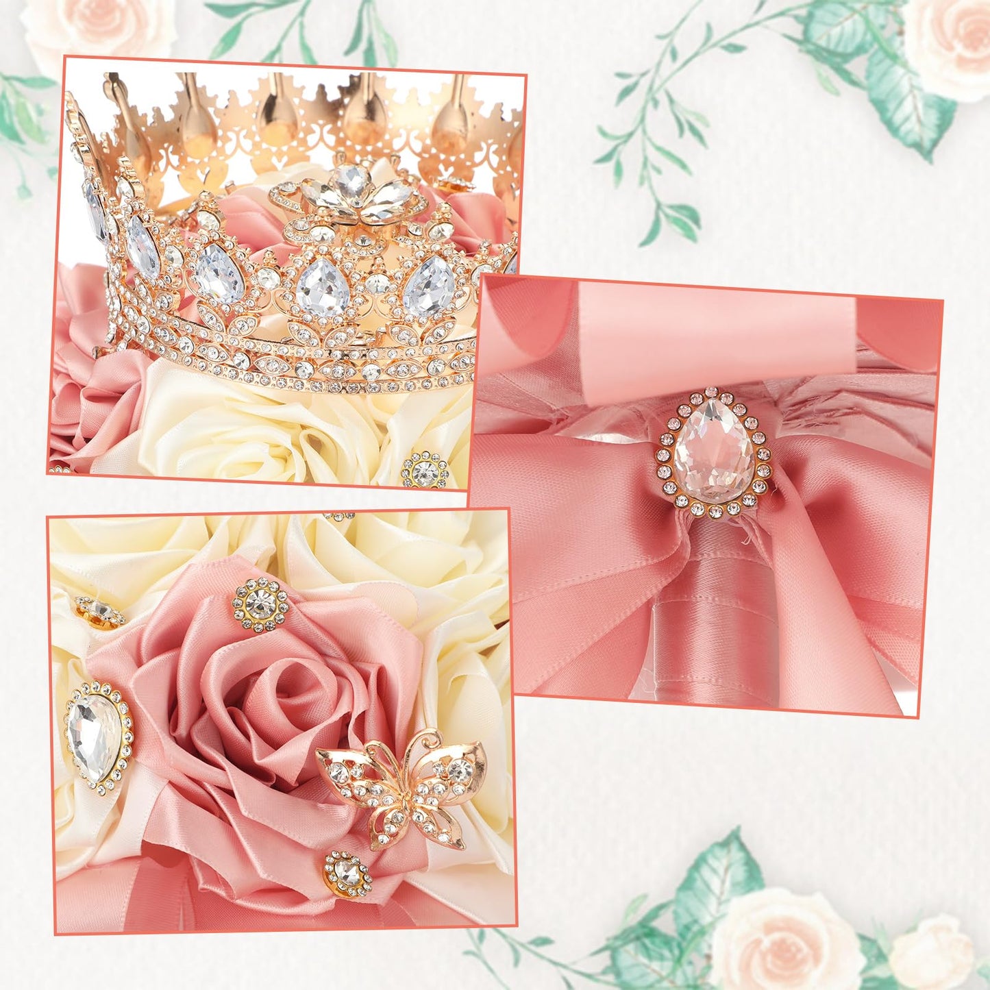 Suncalla 8.7" Ramo de Quinceañera Peach Pink & Cream Bridal Wedding Bouquet with Crown Satin Rose Bling Artificial Flower Bunch Inspiración Ramos para Quinceaños for Bride Wedding Quinceanera