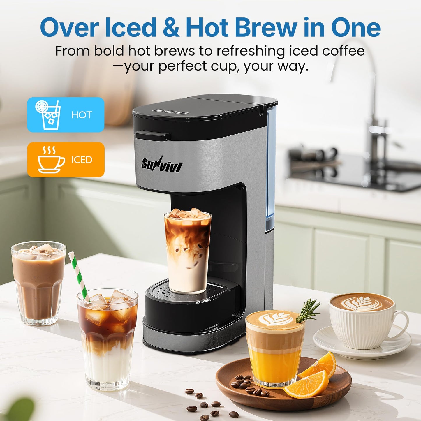 SUNVIVIPRO Single Serve Coffee Machine Brewer: 3-in-1 Iced Coffee Maker for K Pod Pods, Ground Coffee, and Teas with Removable Water Reservoir 6 to 14oz, 2 Cup Trays, Self-Cleaning Function, Black