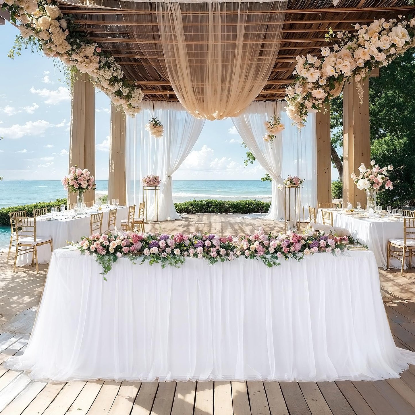 White Table Cloths 6 Foot Rectangle Stretch Ruffle Tulle Tablecloth Spandex Fitted Table Cover for 6 Foot Tables White Tulle Table Skirts Rectangle Tables 6ft Elastic Party Wedding Table Cloths
