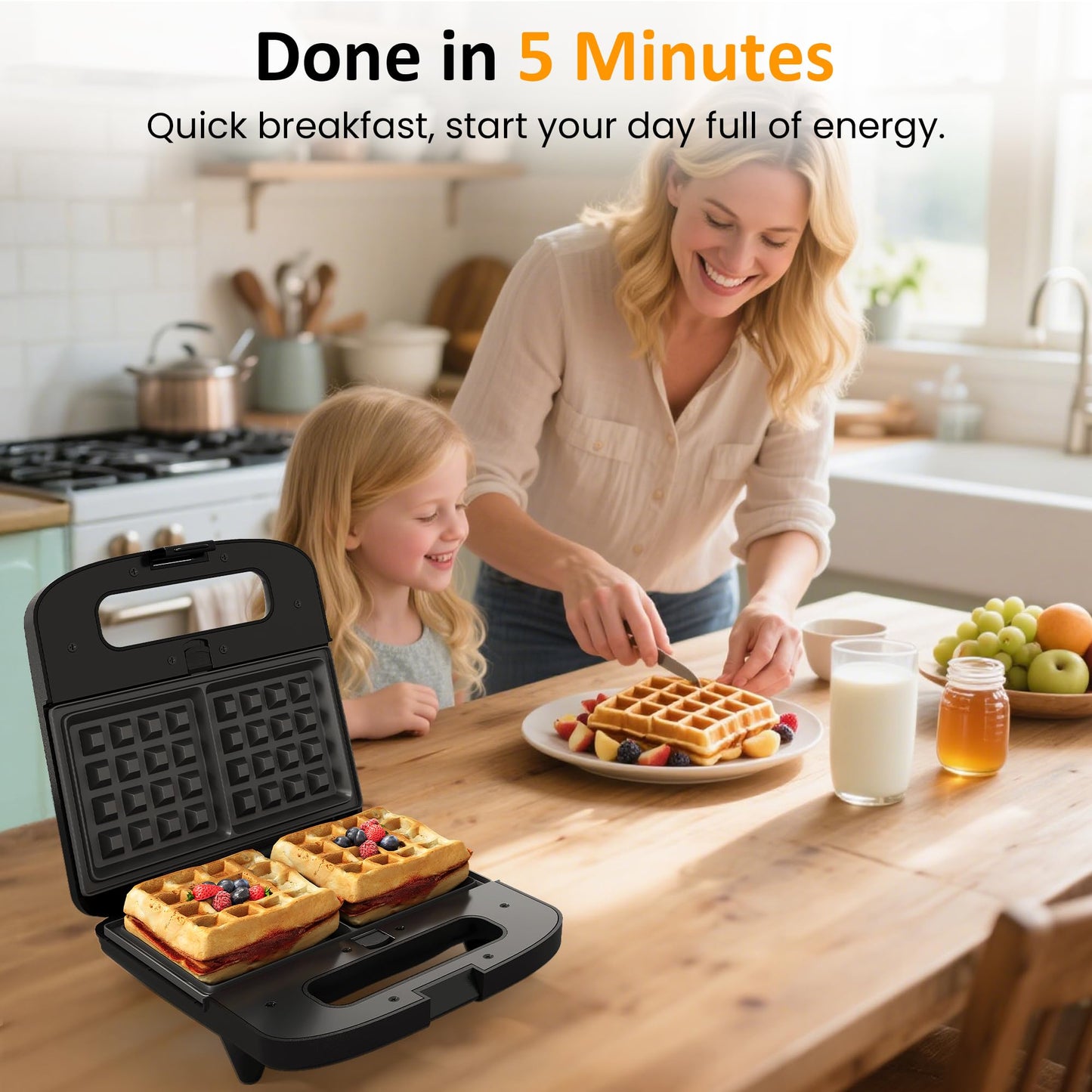 SUNVIVIPRO 3 in 1 Waffle, Grill & Sandwich Maker, Sandwich Maker Panini Press Waffle Iron Set with Removable Non-Stick Plates & Indicator Lights, Panini Press Grill for Breakfast, 800W, Black