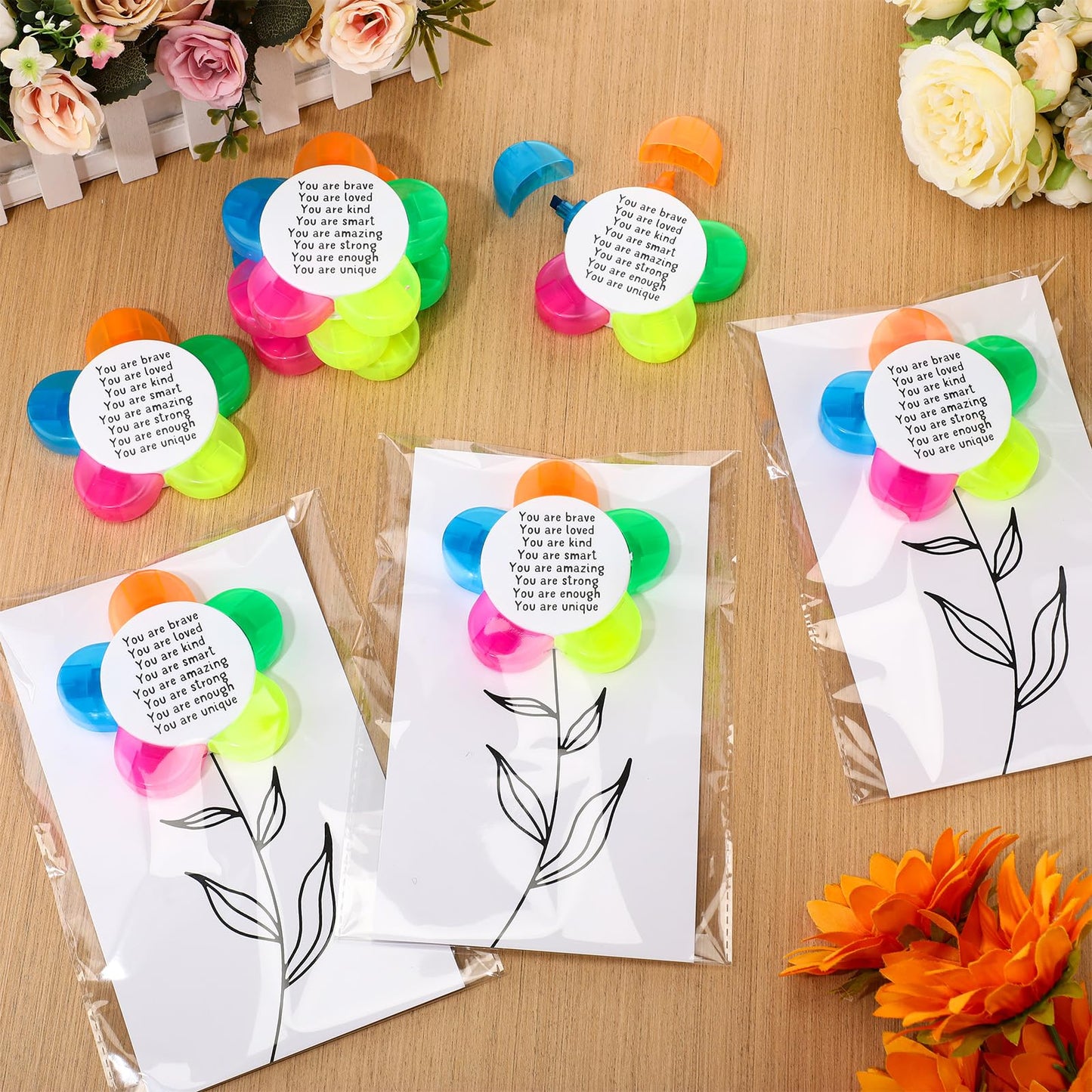 AmazingSpark 24 Sets Petals Flower Highlighters Gifts 5 in 1 Fluorescent Pens with Motivational Cards Gift Bags for Graduation (Brave)