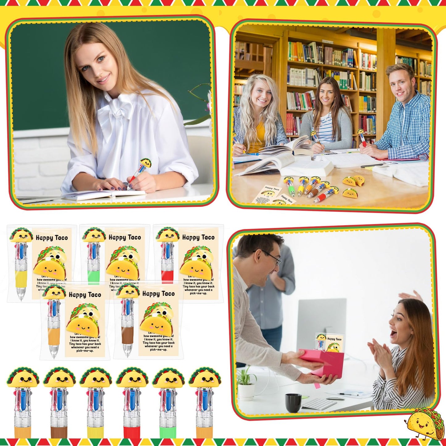 TaoBary 36 Sets End of Year Gifts for Student Mexican Taco Party Favor Motivational Gift Bulk with 4-in-1 Multicolor Pen Taco Mini Stress Balls Inspirational Card OPP Bag for Fiesta Office Desk Supply
