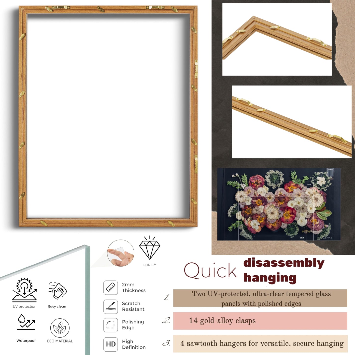 Volakk Floating Frames 16x20 Walnut Wood Shadow Box Frame For Pressed Flower Floater Double UV Glass Pressed Flower Floating Frame 20x24 Bouquet Frames For Wedding Memory