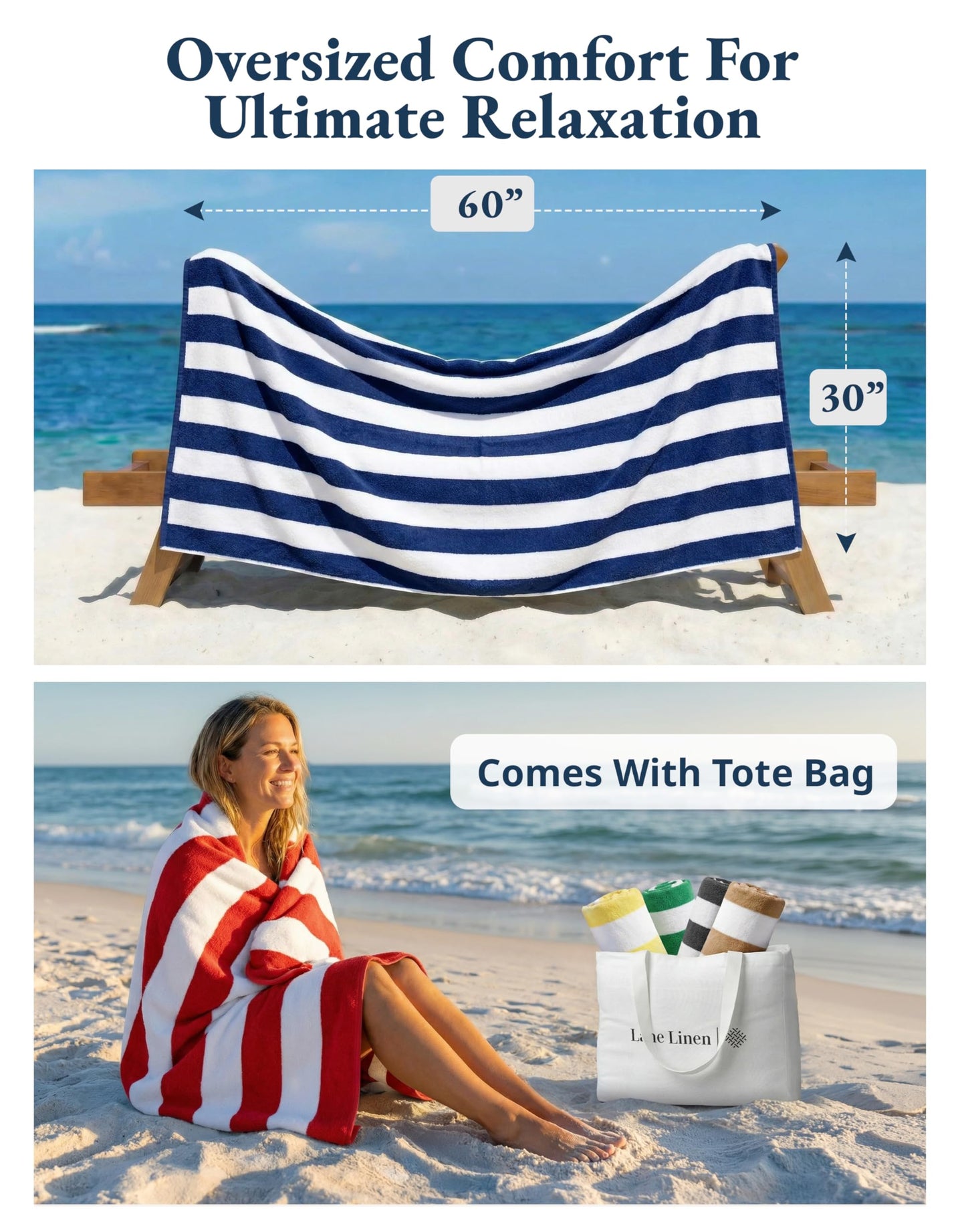 LANE LINEN Beach Towels 6 Pack - 520 GSM Beach Towel (30" x 60") – 100% Cotton Soft, Thick & Highly Absorbent Pool Towels for Hotel Airbnb Spa - Quick Dry Cabana Stripe Large Towel - Tropical Escape