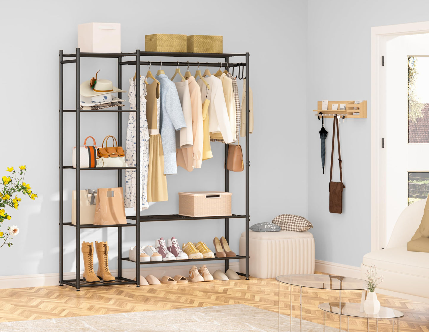Neprock Wardrobe Closet, Portable Clothing Rack for Hanging Clothes, Free Standing Closet Organizers and Storage System with 4 Tiers Shelves for Cloakroom Bedroom, Black