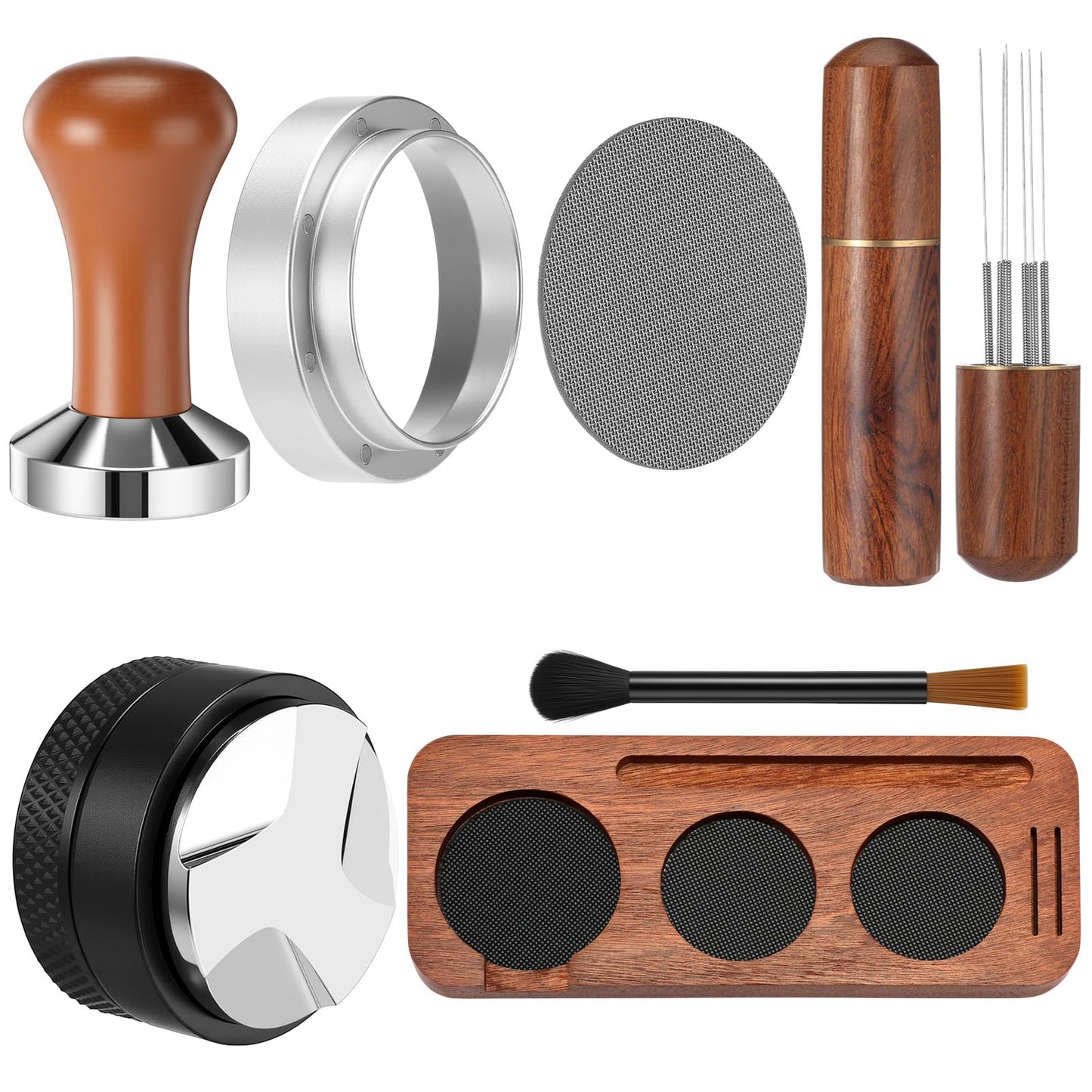 Ferrochef 7 Pcs Espresso Accessories Kit, 51 mm Coffee Tamper Set Espresso Machine Accessories Coffee Tamper Wdt Tool Dosing Funnel Puck Screen Brush Tamping Station for 51 mm Barista Tools