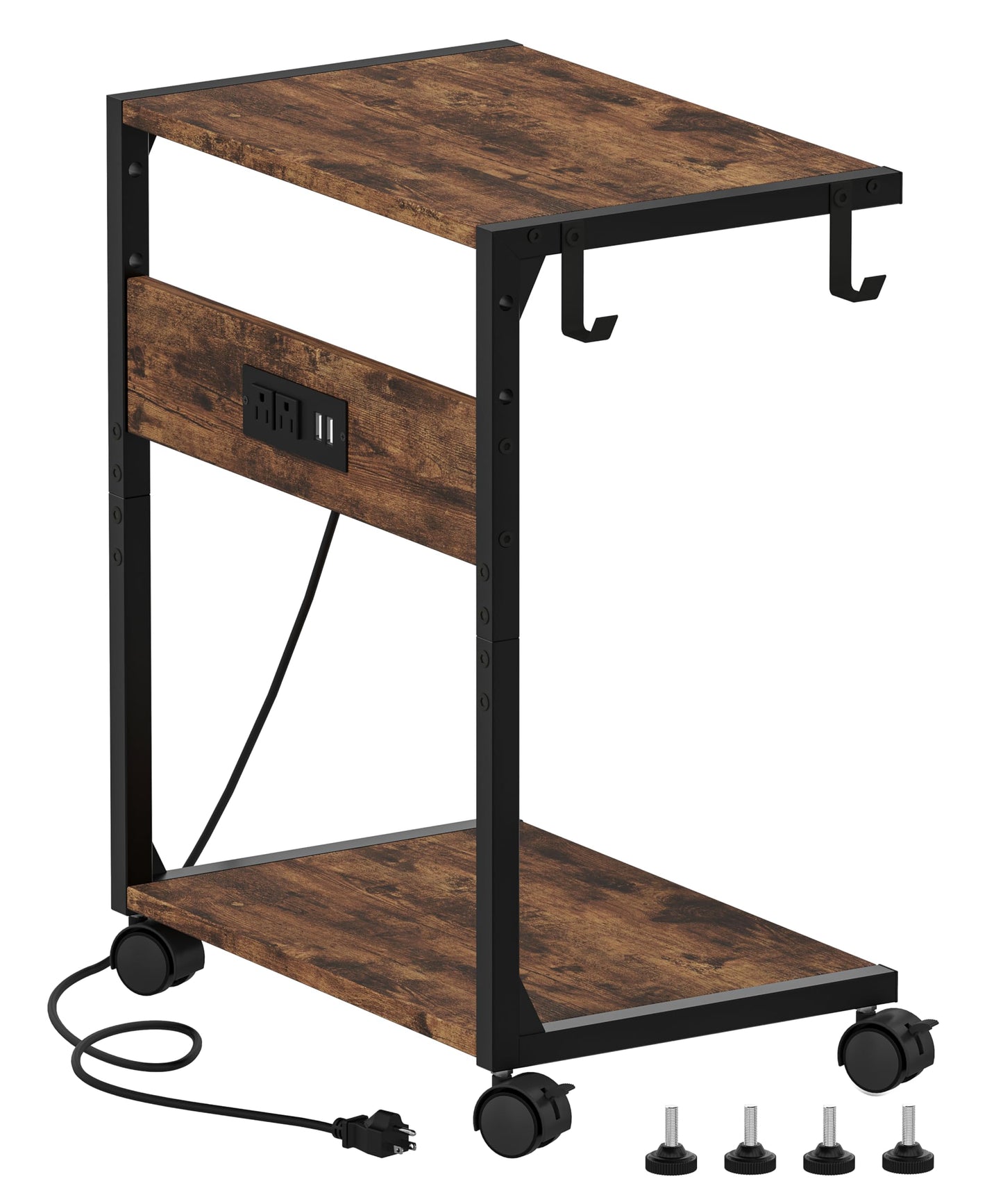 Akxomel 2 Tier Computer Tower Stand with Charging Station, 11.8" D x 16.5" W Rolling Floor PC Tower Stand Fits Under Desk, CPU Holder Cart for Carpet with Hooks, C Shaped End Table for Home Office