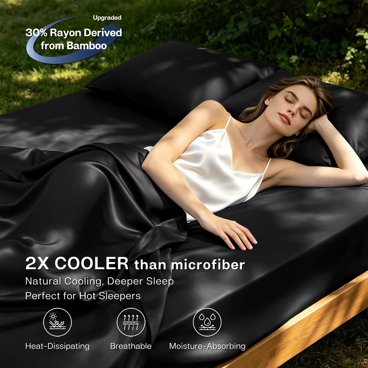 MR&HM Queen Sheet Set, 4-Piece Cooling Sheets, Rayon Derived from Bamboo & Polyester Blend, Soft & Silky, 15" Deep Pockets with Elastic Straps, Hotel Luxury for Hot Sleepers, Black