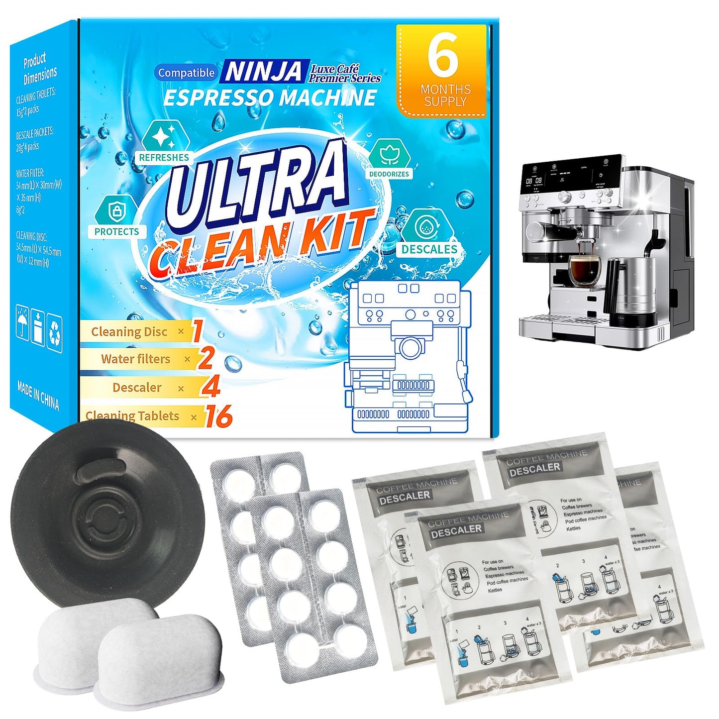 OCTPLAY Espresso Cleaning Supply Kit for Ninja Luxe Cafe, 6 Month Supply, Descale Packets, Cleaning Tablets, Water Filters,Disc,Espresso & Coffee Machine ES501 ES601 ES701 Cleaner