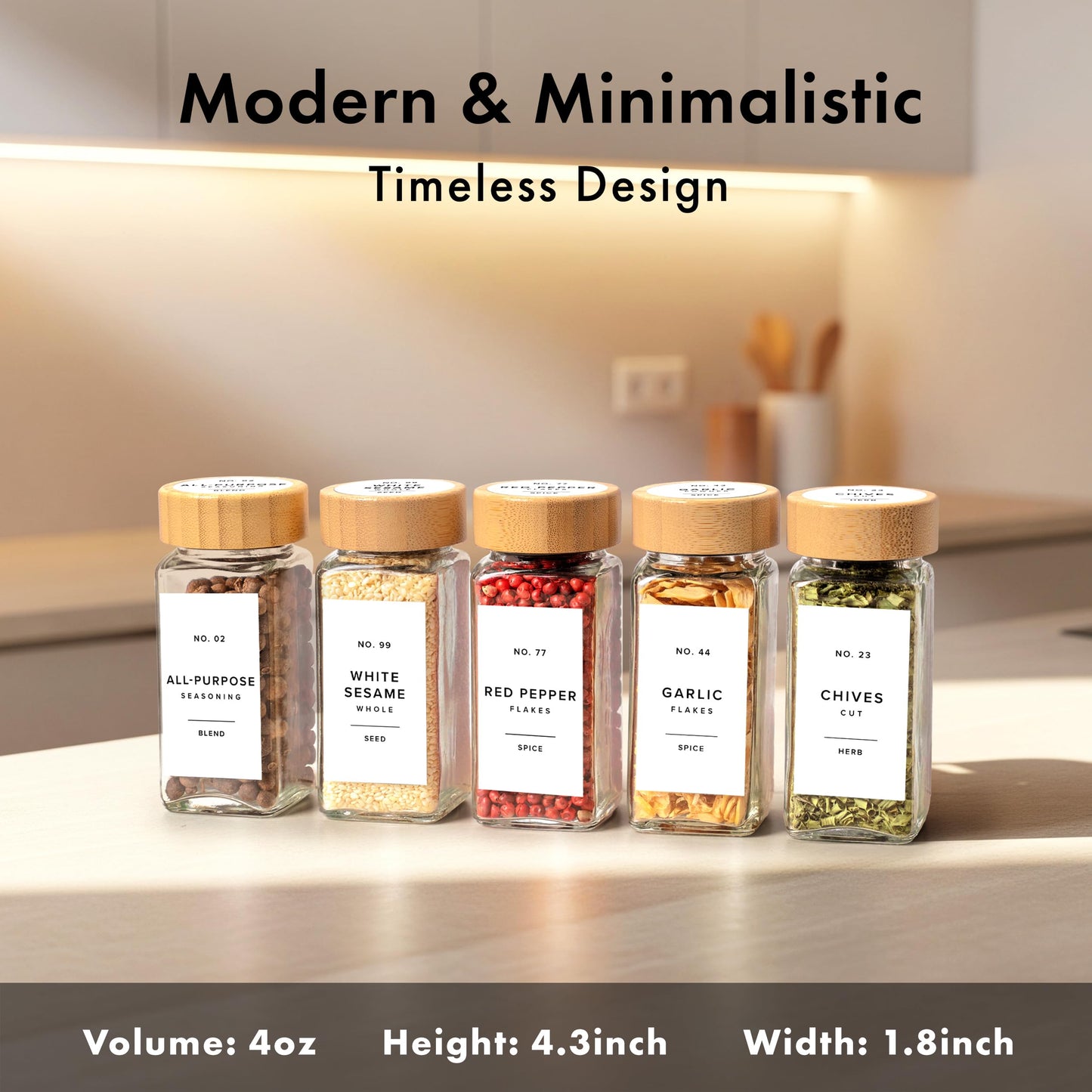 EDELHAUS® Square Spice Jars with Bamboo Wooden Lid (Pack of 36) Spice Jars with Shaker Insert and 240 Labels - Bamboo Lid Glass Container for Spice Organisation [4.3 in × 1.8 in]